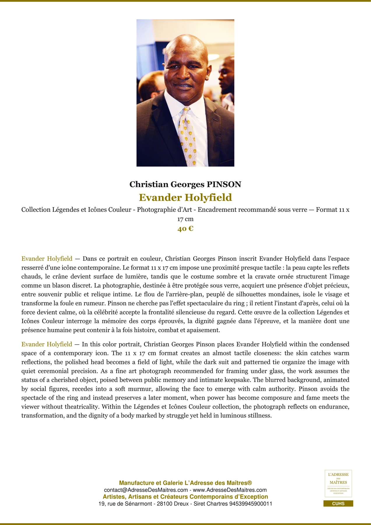 Fiche Premium - Evander Holyfield - Christian Georges PINSON - L'Adresse des Maîtres®