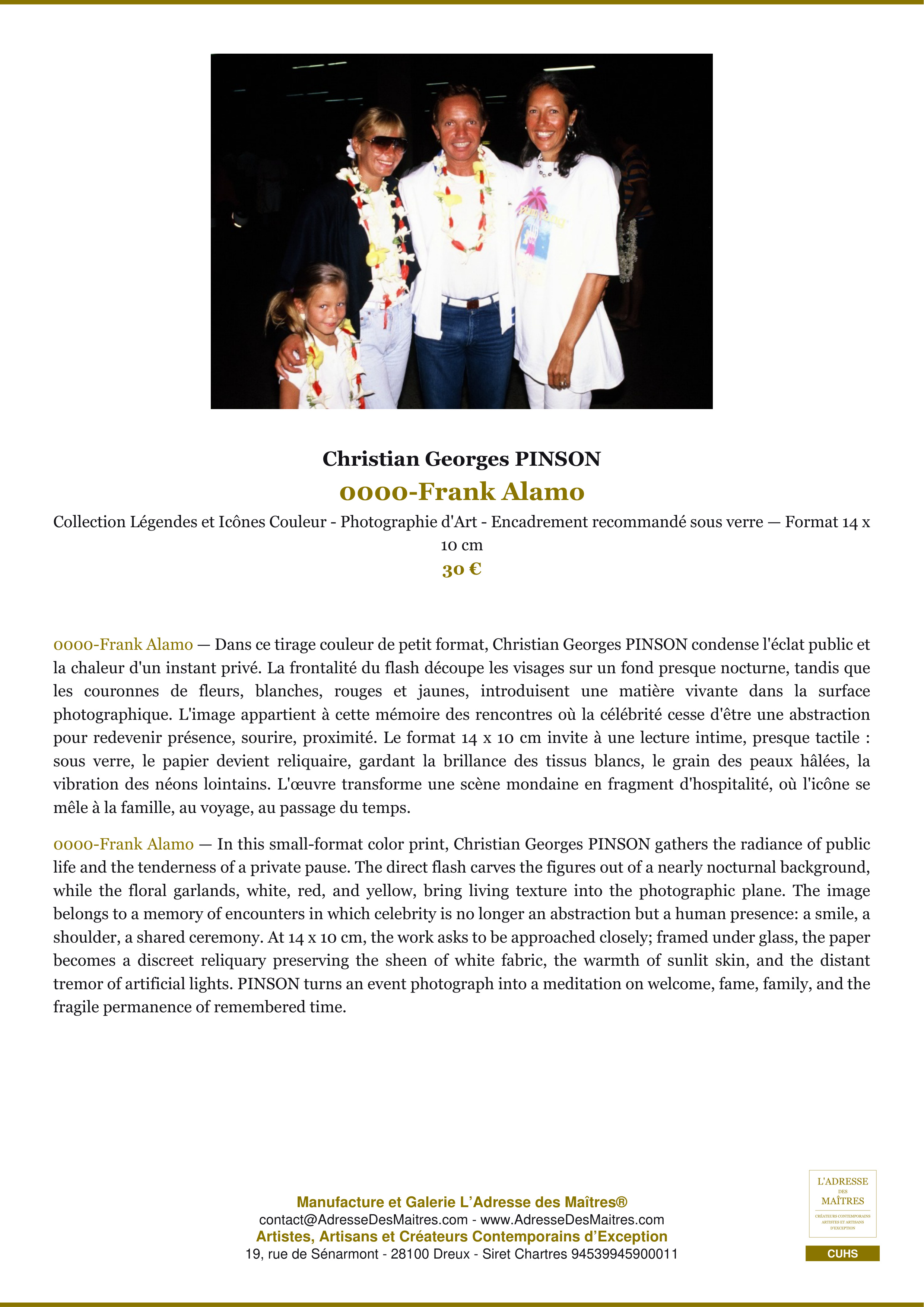 Fiche Premium — 0000-Frank Alamo — Christian Georges PINSON — L'Adresse des Maîtres®