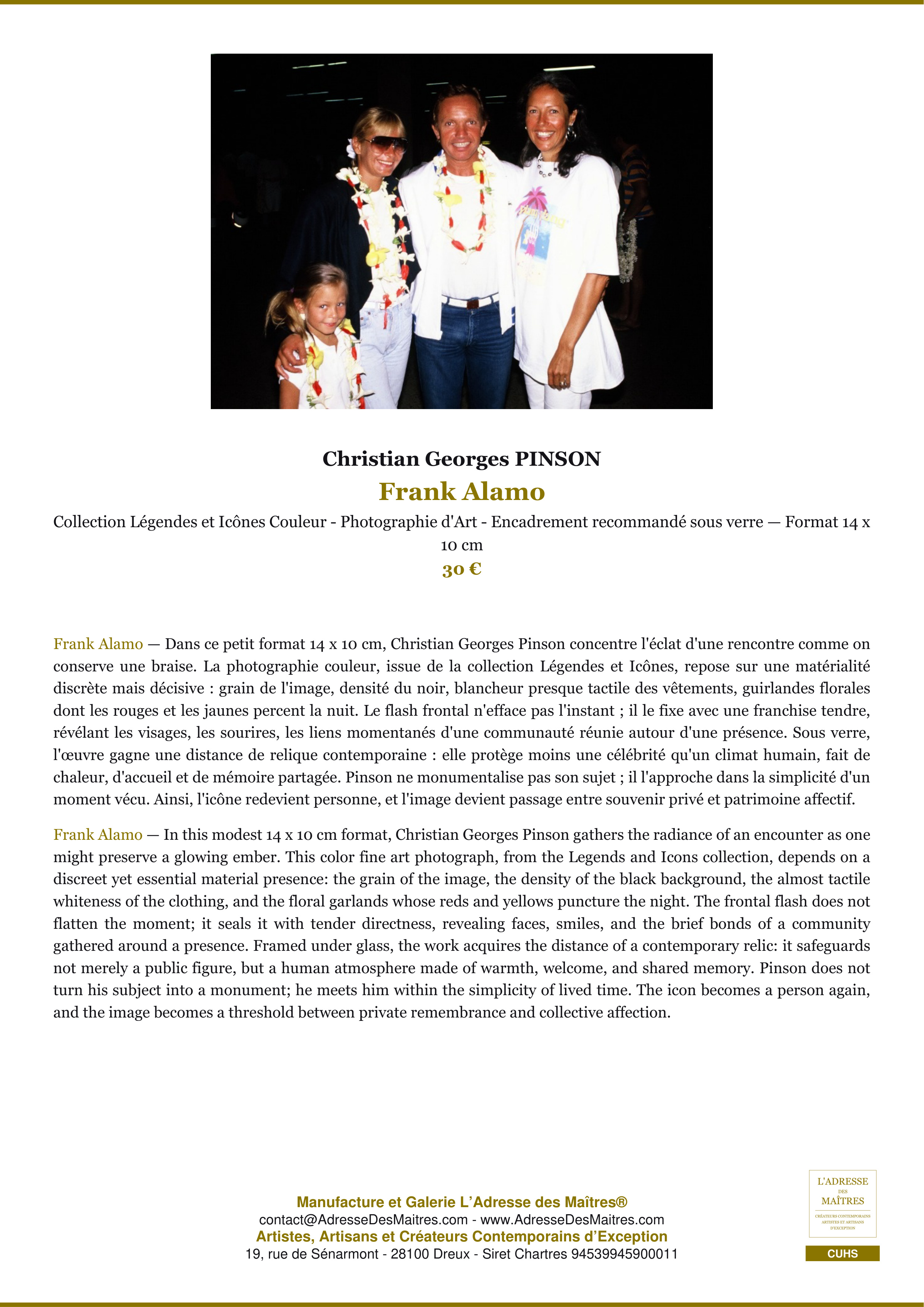 Fiche Premium — Frank Alamo — Christian Georges PINSON — L'Adresse des Maîtres®