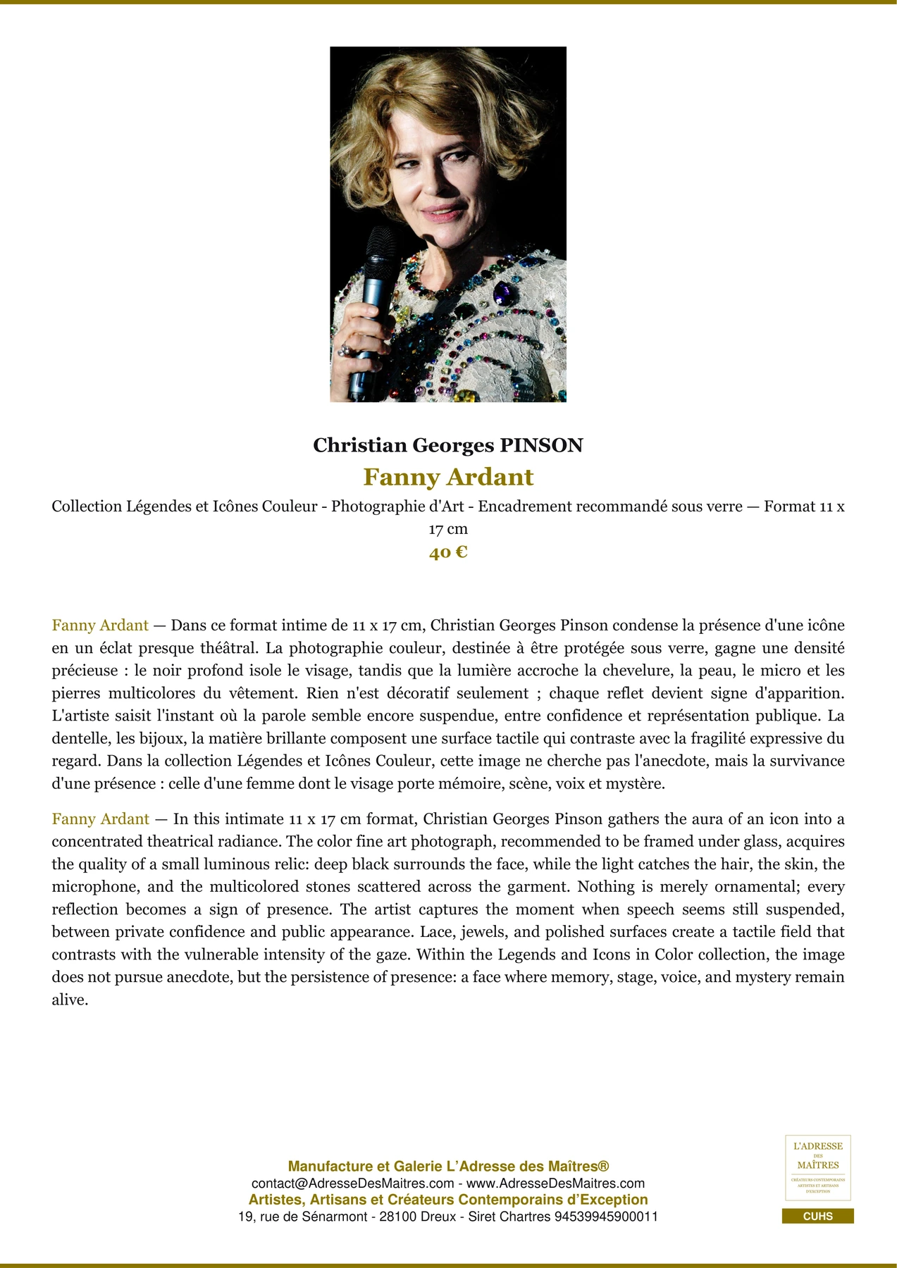 Fiche Premium - Fanny Ardant - Christian Georges PINSON - L'Adresse des Maîtres®