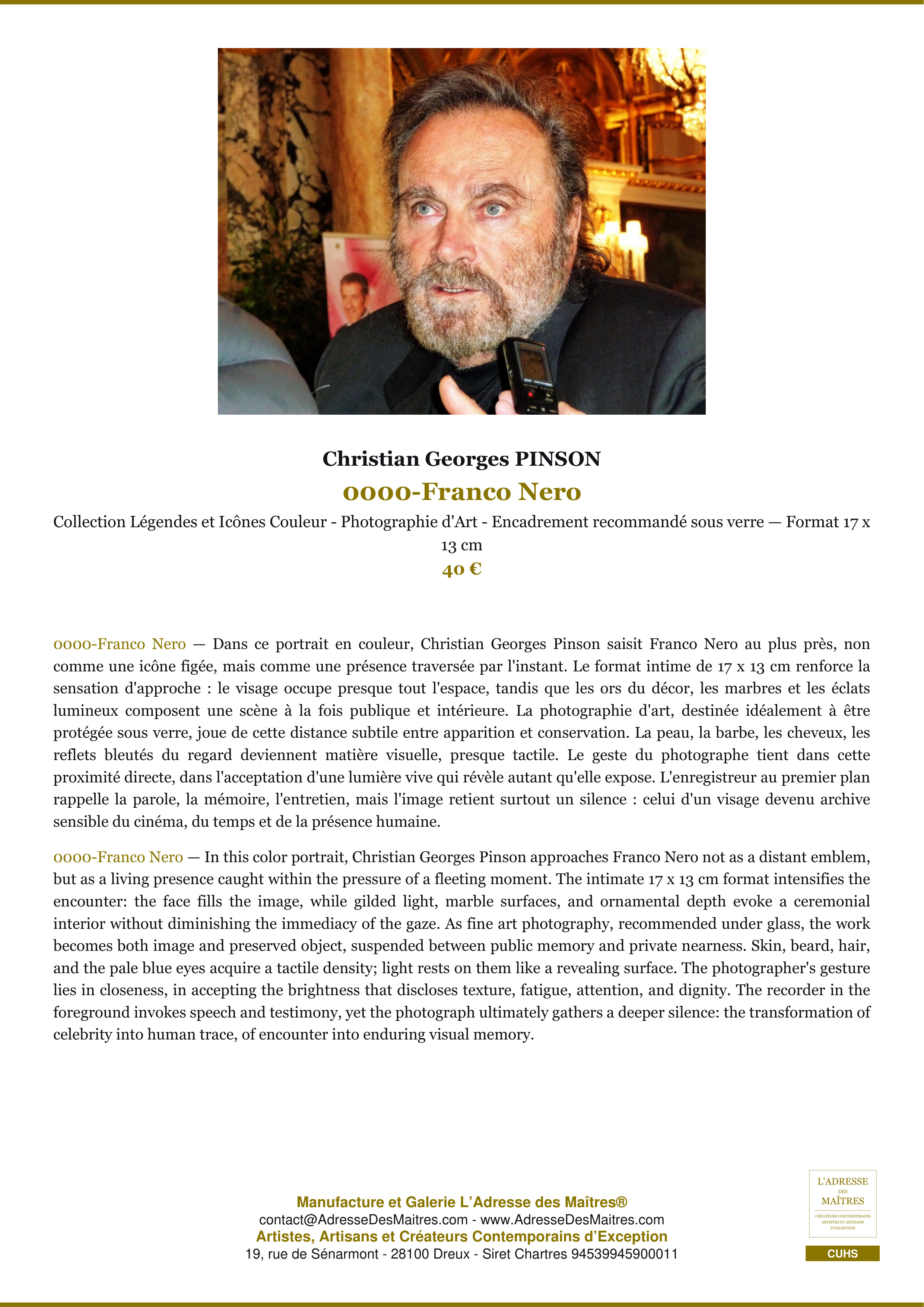 Fiche Premium — 0000-Franco Nero — Christian Georges PINSON — L'Adresse des Maîtres®