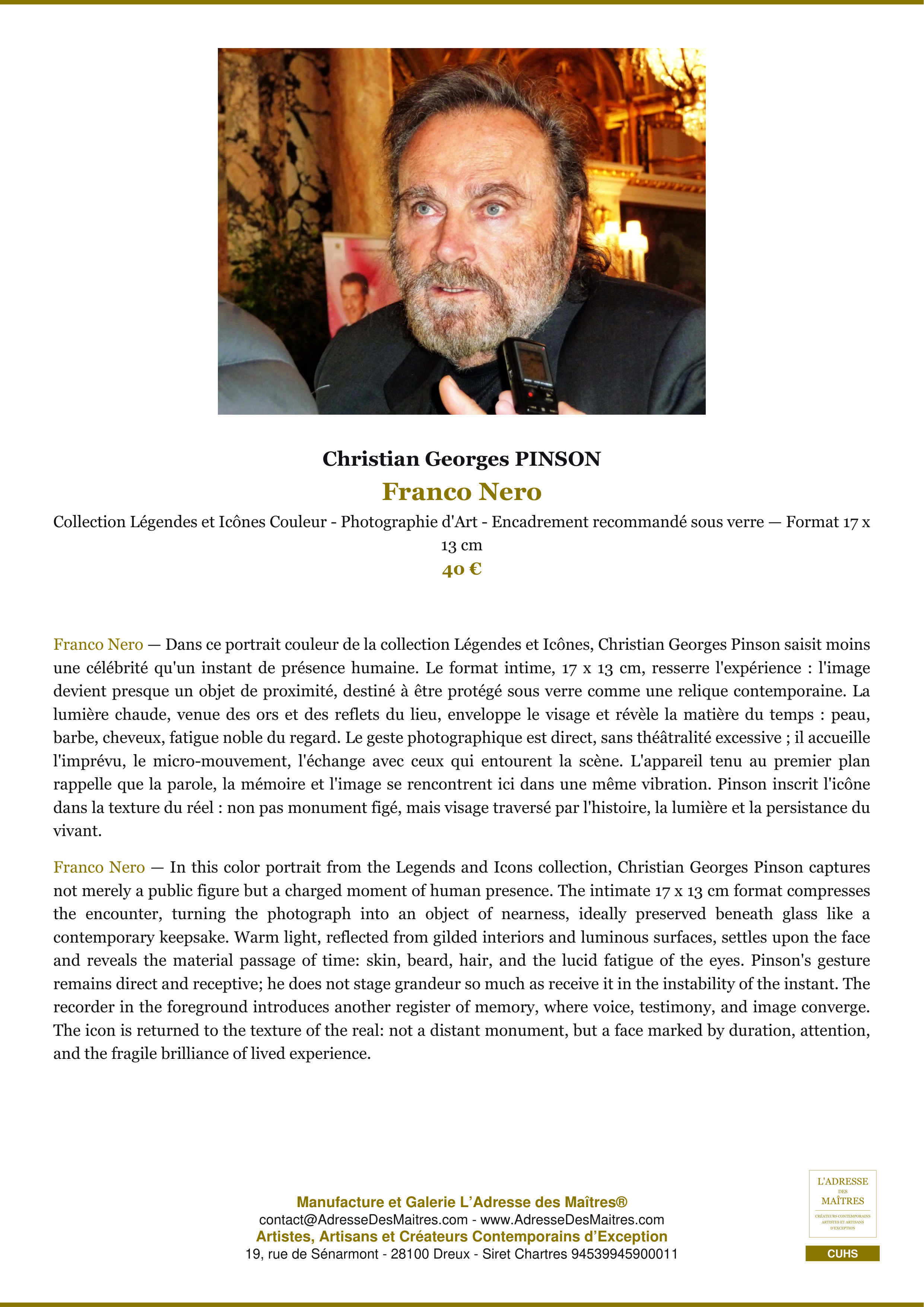 Fiche Premium — Franco Nero — Christian Georges PINSON — L'Adresse des Maîtres®