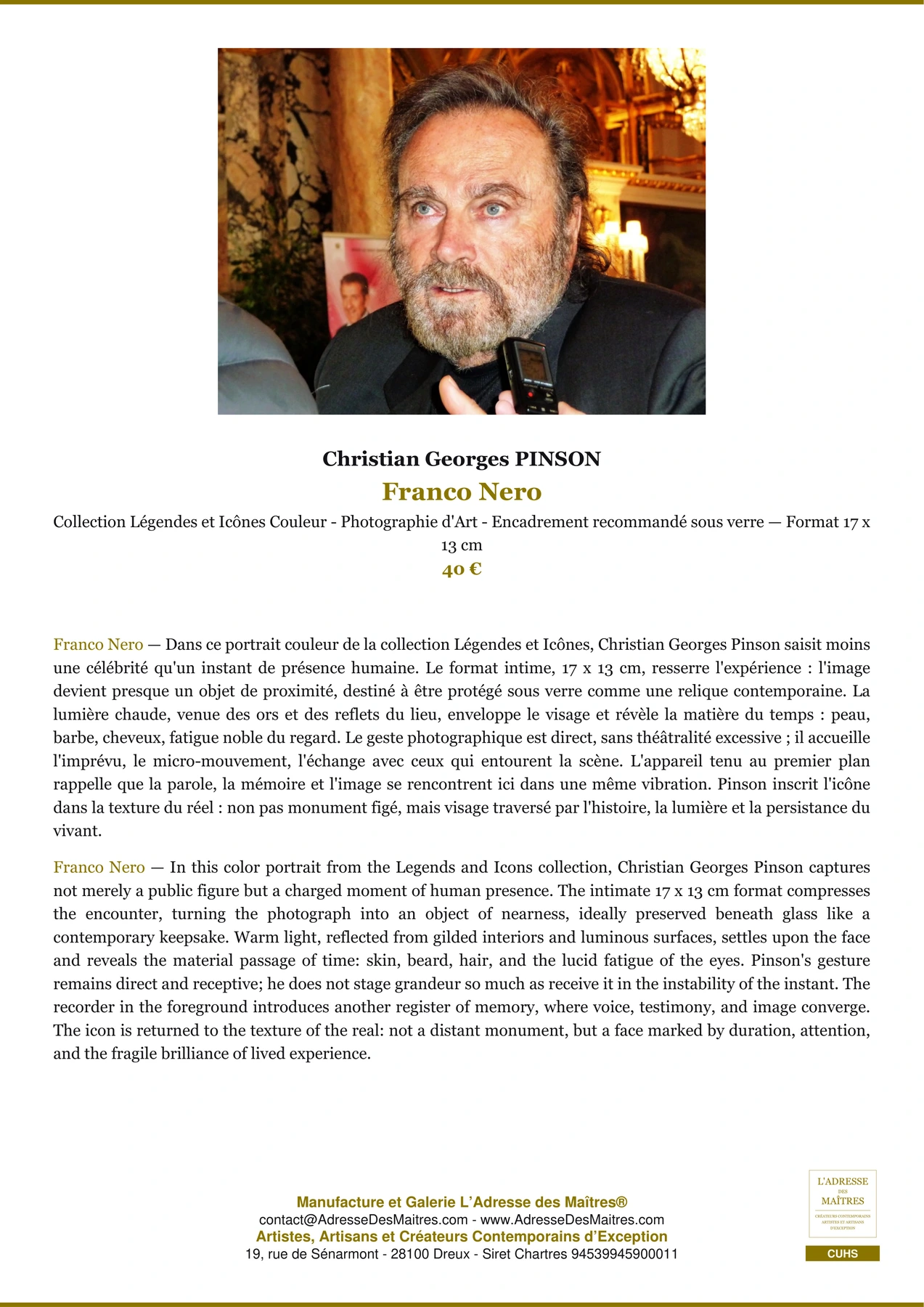 Fiche Premium - Franco Nero - Christian Georges PINSON - L'Adresse des Maîtres®
