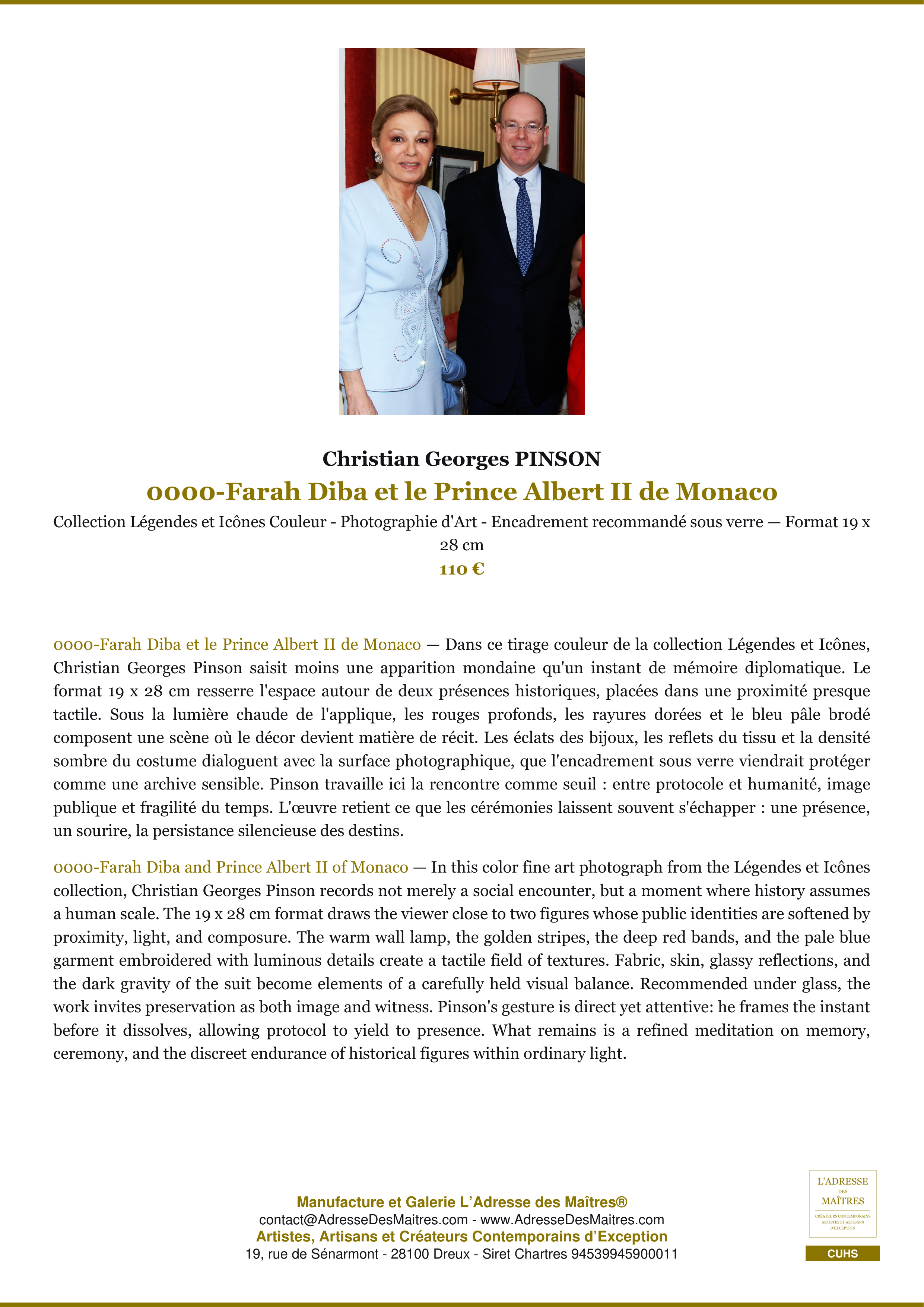 Fiche Premium — 0000-Farah Diba et le Prince Albert II de Monaco — Christian Georges PINSON — L'Adresse des Maîtres®