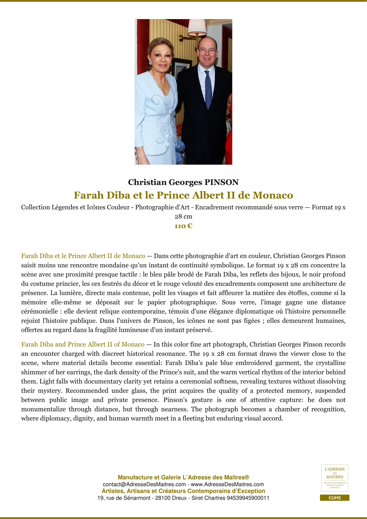 Fiche Premium - Farah Diba et le Prince Albert II de Monaco - Christian Georges PINSON - L'Adresse des Maîtres®