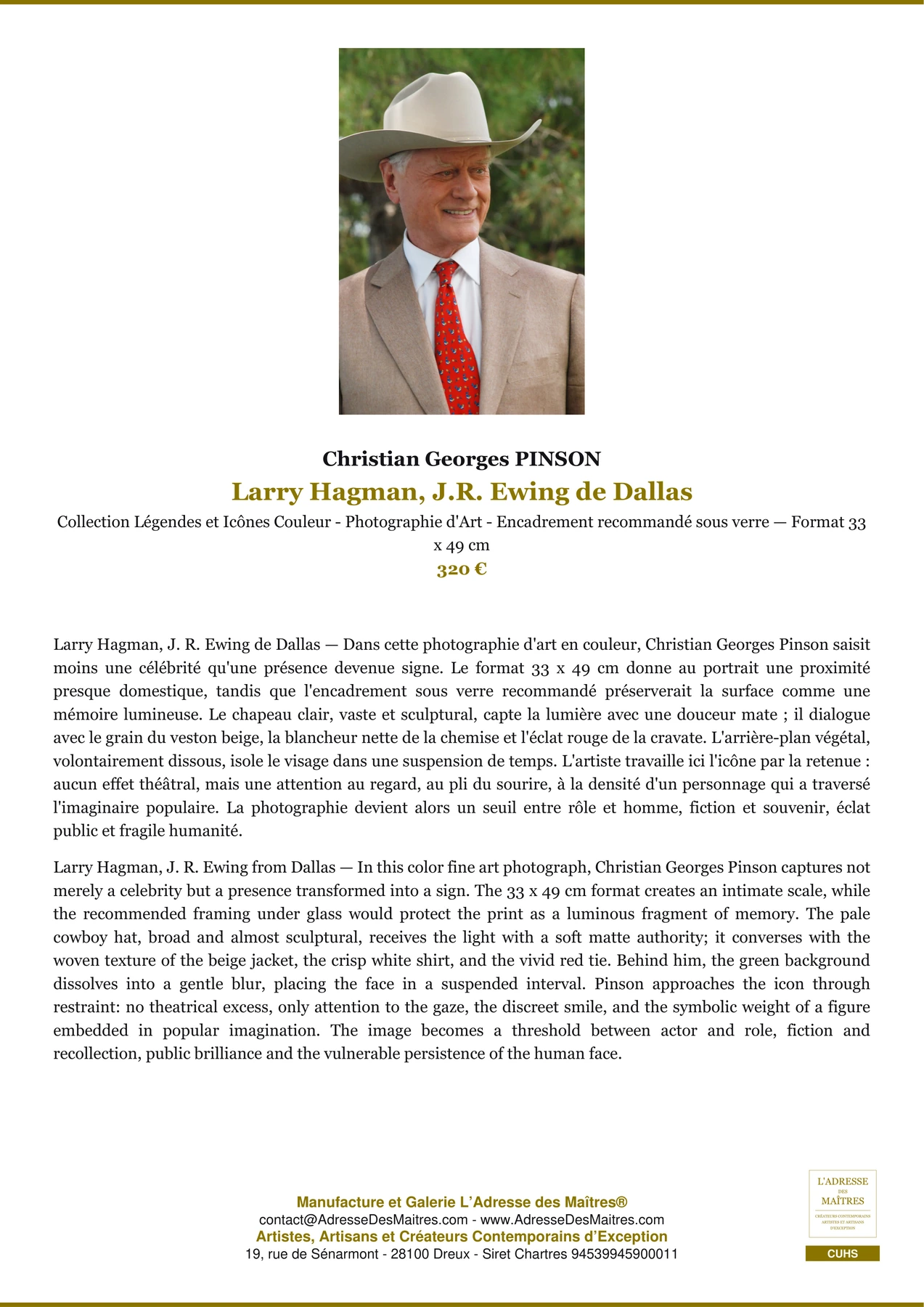 Fiche Premium - Larry Hagman, J.R. Ewing de Dallas - Christian Georges PINSON - L'Adresse des Maîtres®