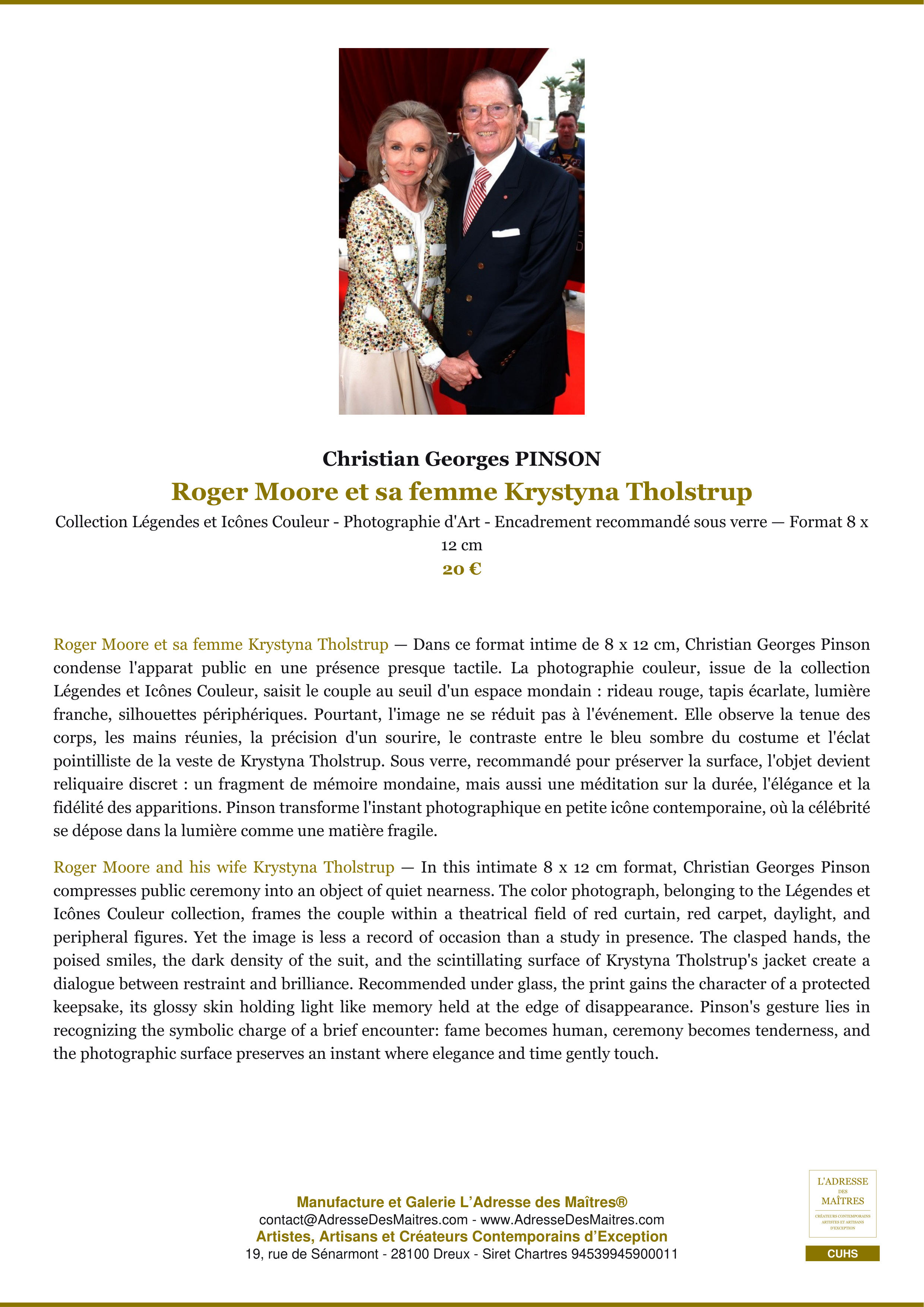Fiche Premium — Roger Moore et sa femme Krystyna Tholstrup — Christian Georges PINSON — L'Adresse des Maîtres®