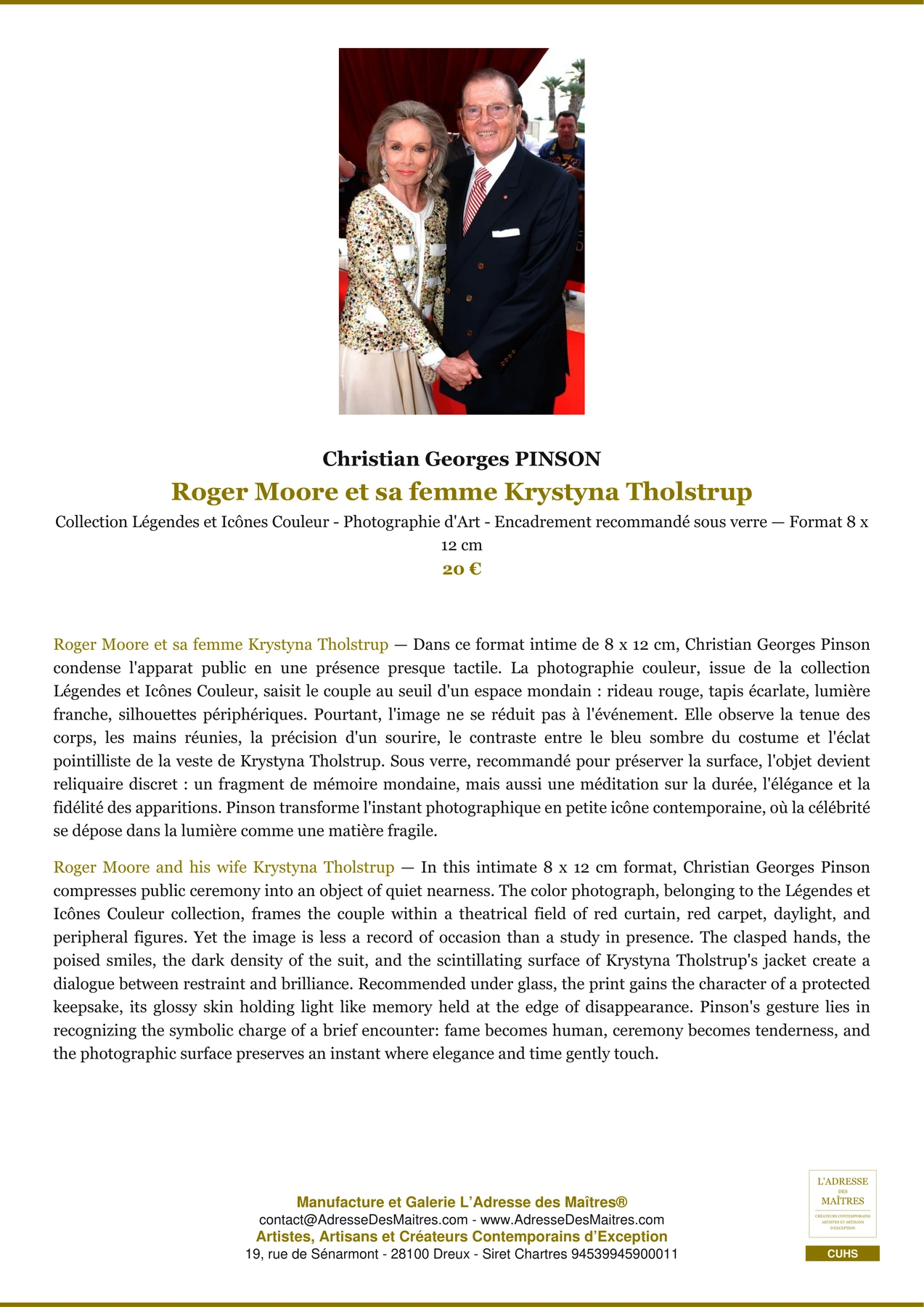 Fiche Premium - Roger Moore et sa femme Krystyna Tholstrup - Christian Georges PINSON - L'Adresse des Maîtres®