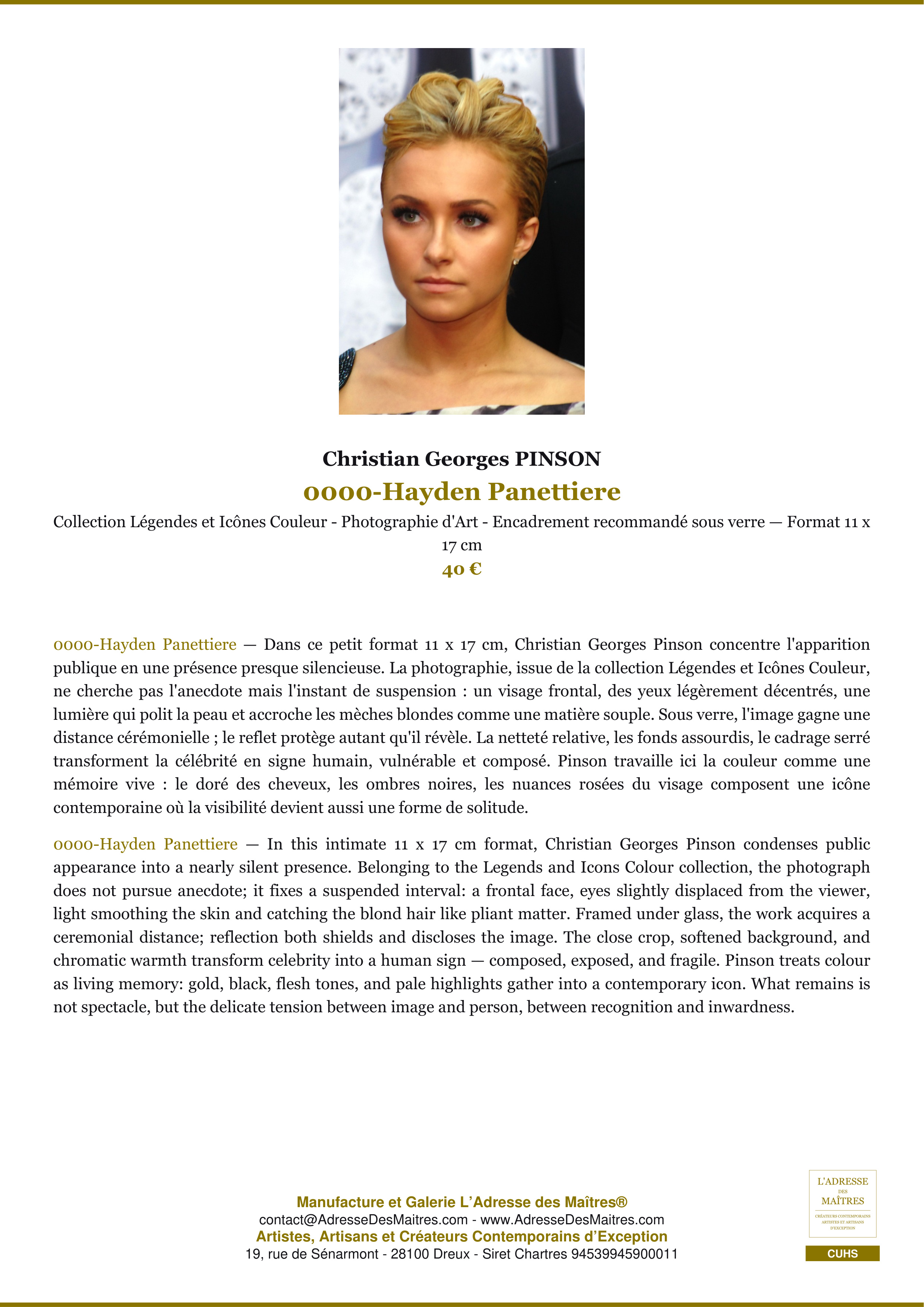 Fiche Premium — 0000-Hayden Panettiere — Christian Georges PINSON — L'Adresse des Maîtres®