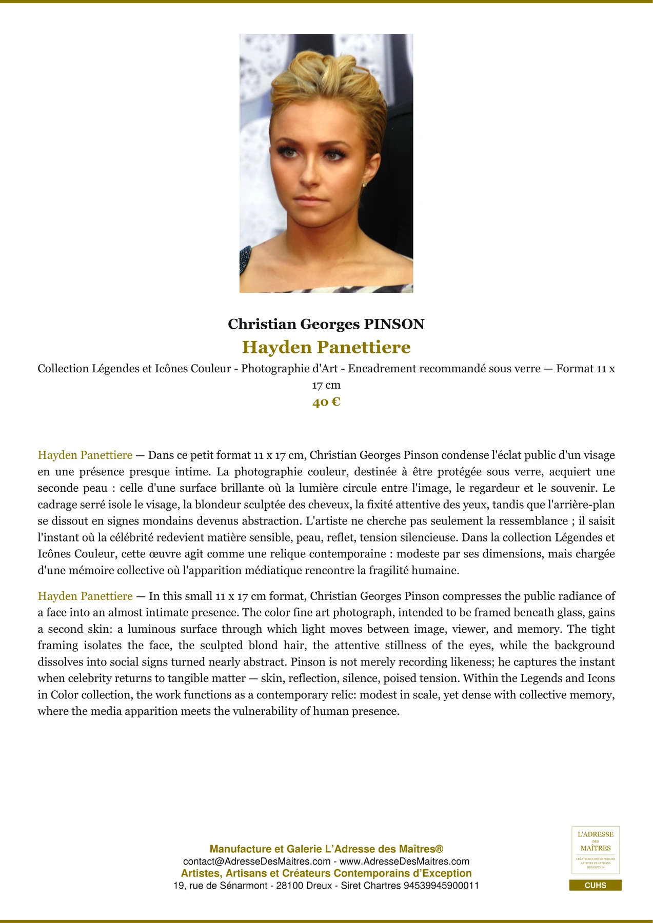 Fiche Premium - Hayden Panettiere - Christian Georges PINSON - L'Adresse des Maîtres®