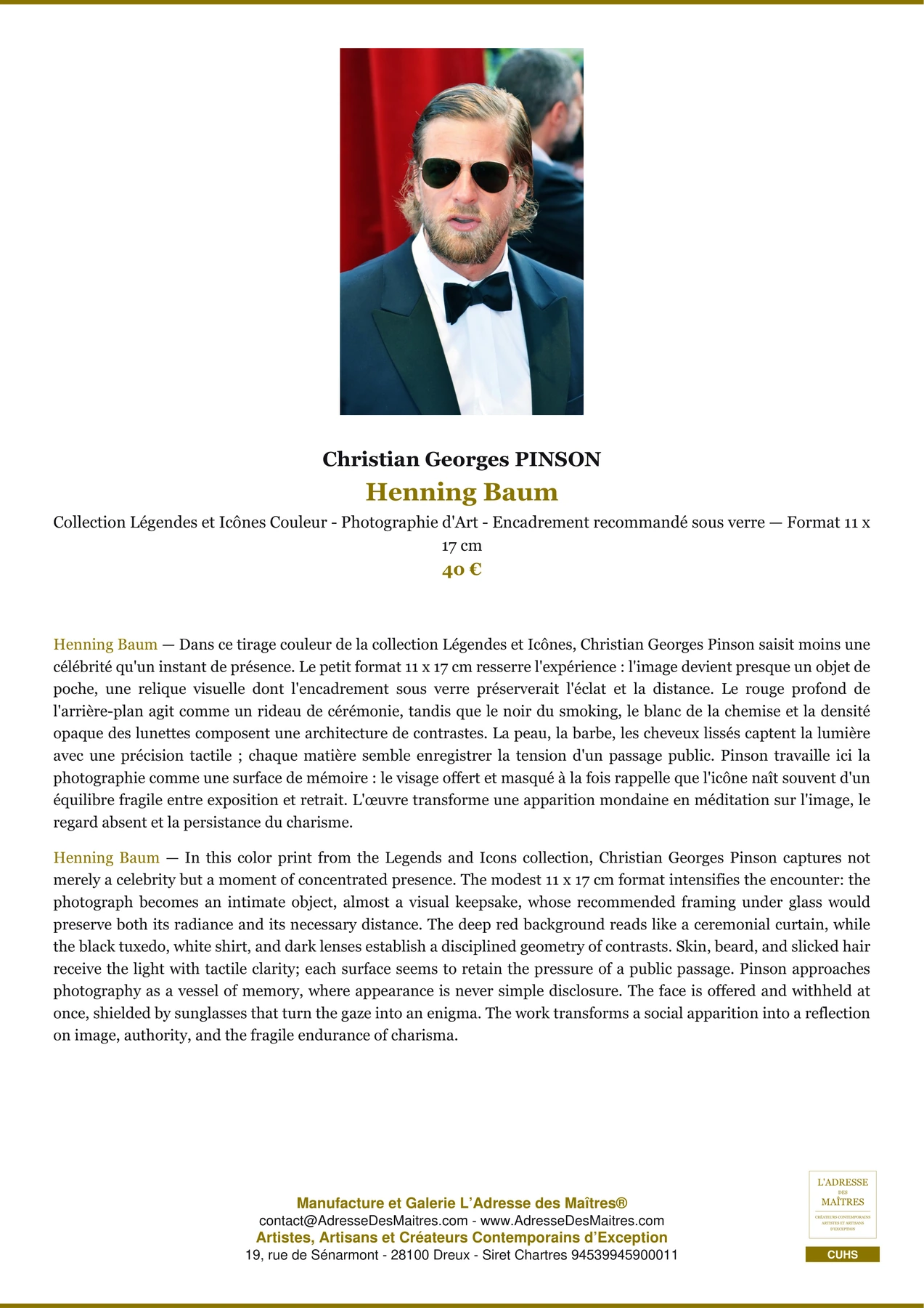 Fiche Premium - Henning Baum - Christian Georges PINSON - L'Adresse des Maîtres®