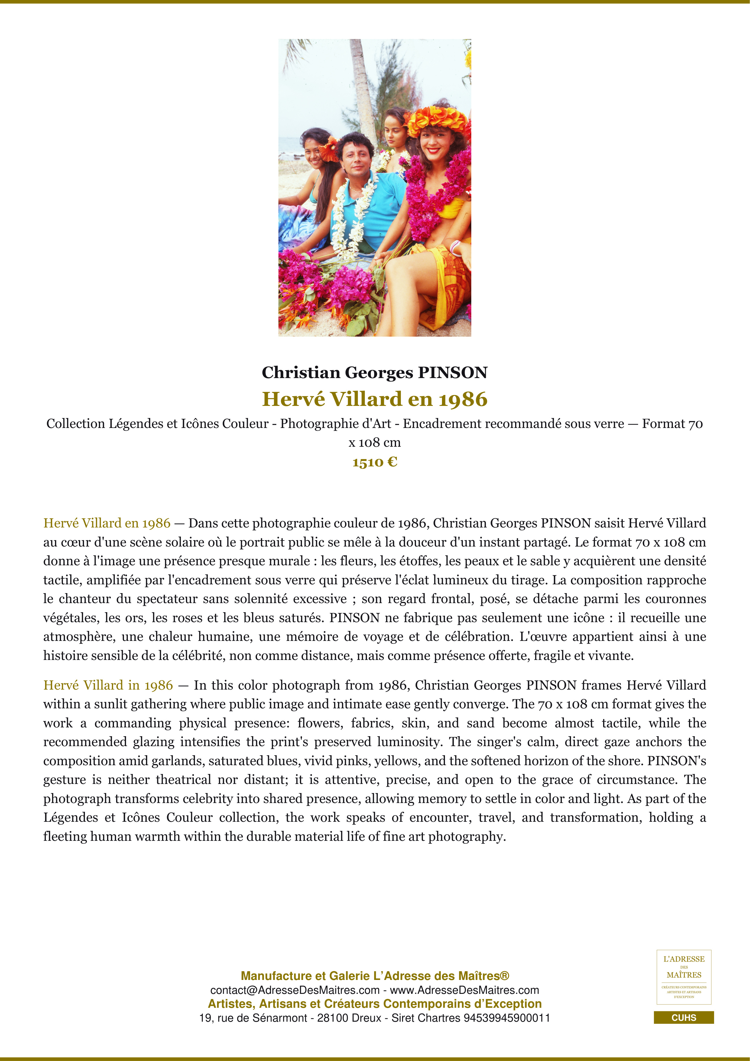 Fiche Premium — Hervé Villard en 1986 — Christian Georges PINSON — L'Adresse des Maîtres®