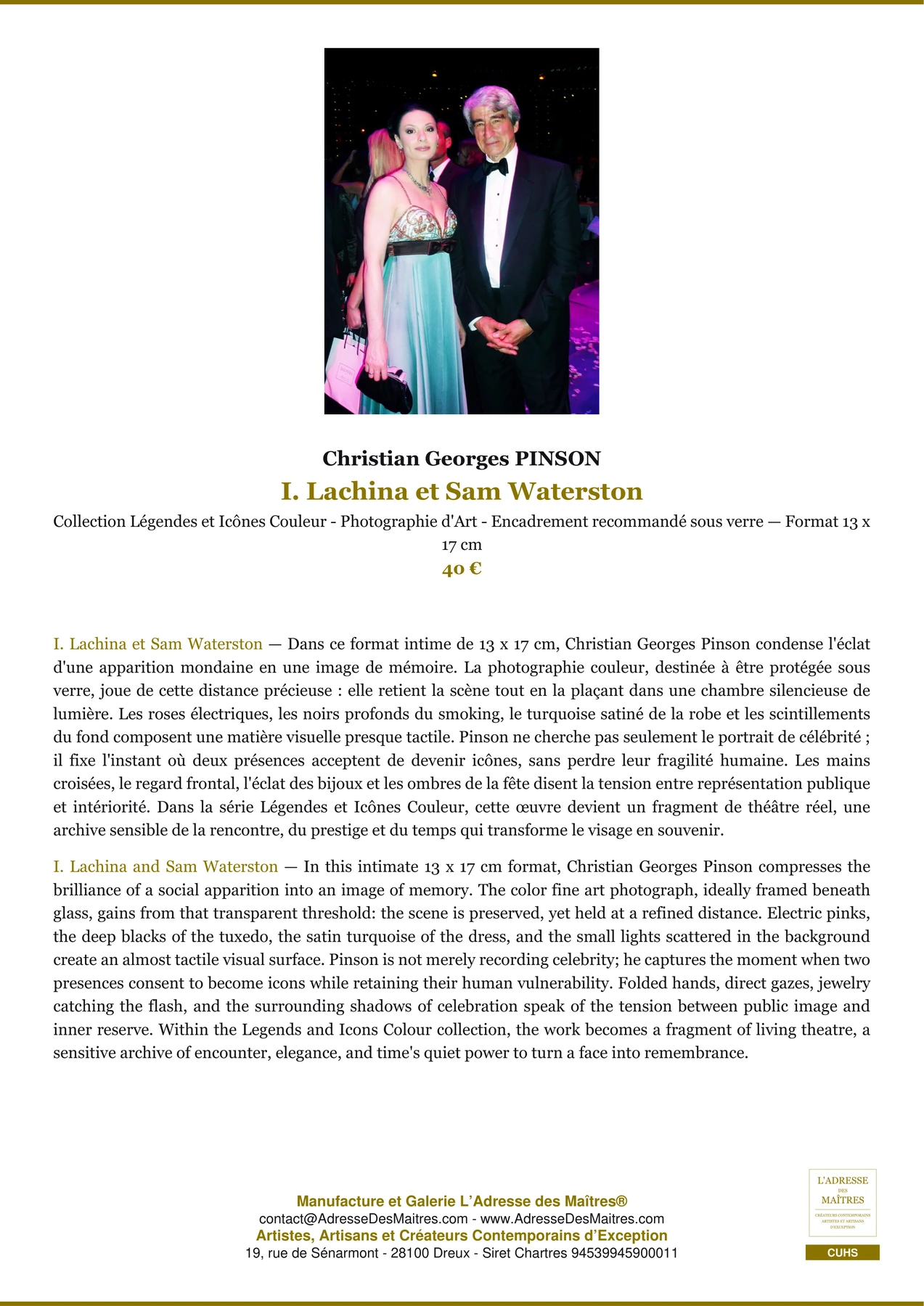 Fiche Premium - I. Lachina et Sam Waterston - Christian Georges PINSON - L'Adresse des Maîtres®