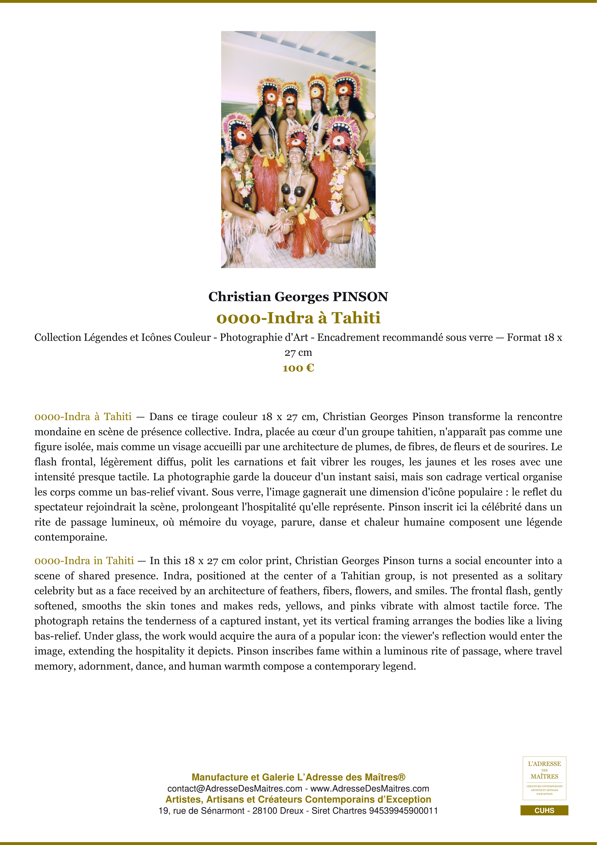 Fiche Premium — 0000-Indra à Tahiti — Christian Georges PINSON — L'Adresse des Maîtres®