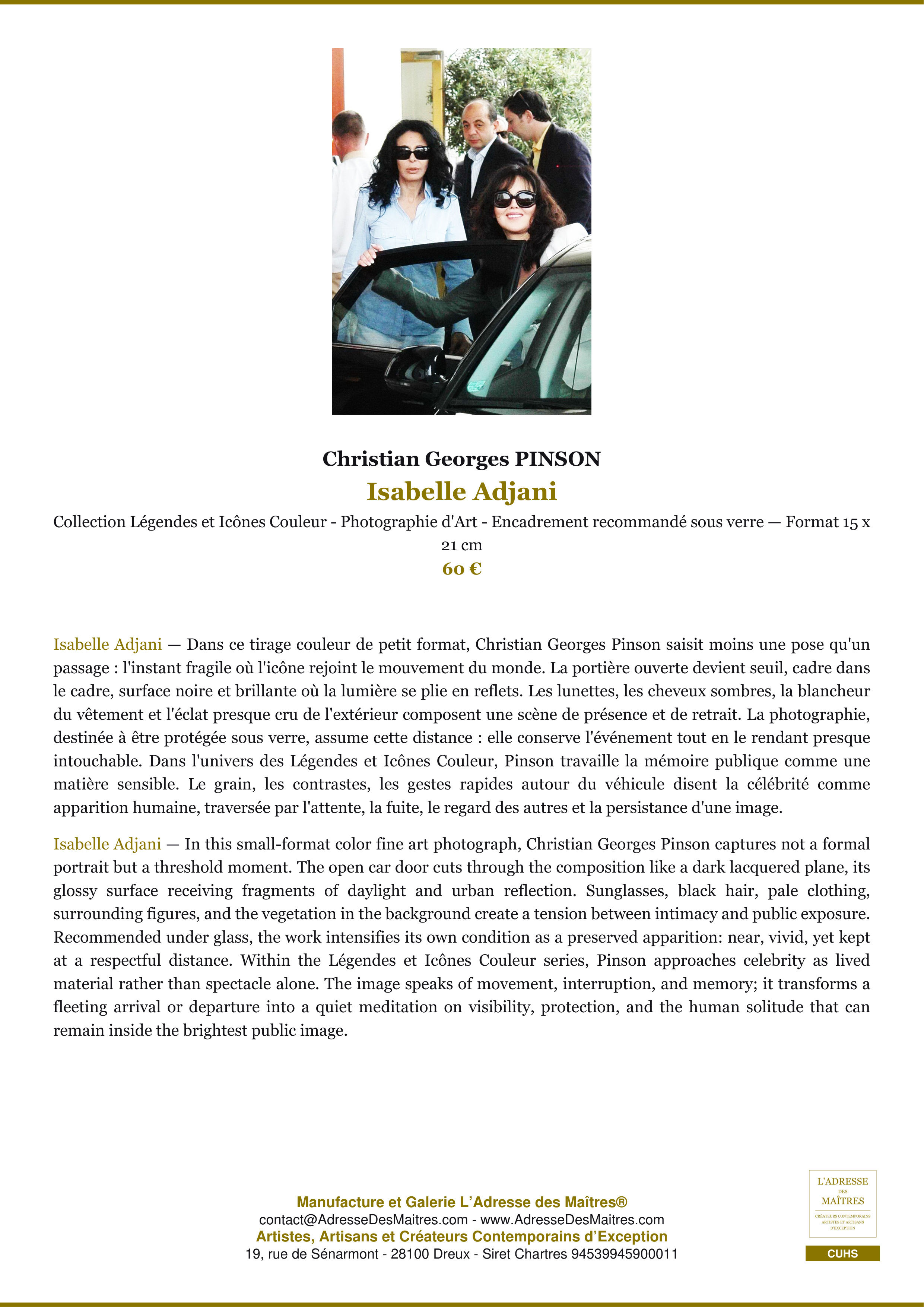 Fiche Premium — Isabelle Adjani — Christian Georges PINSON — L'Adresse des Maîtres®