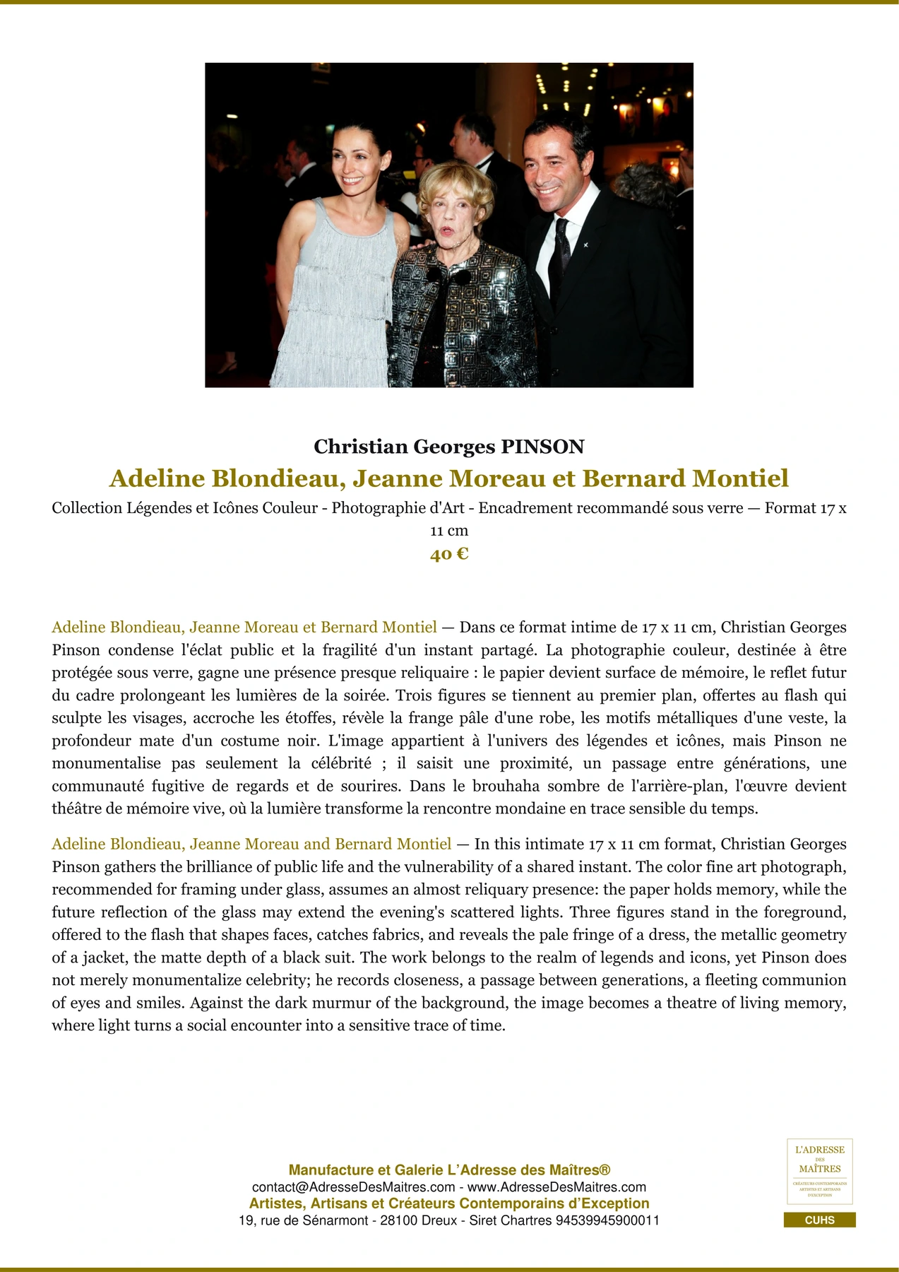 Fiche Premium - Adeline Blondieau, Jeanne Moreau et Bernard Montiel - Christian Georges PINSON - L'Adresse des Maîtres®
