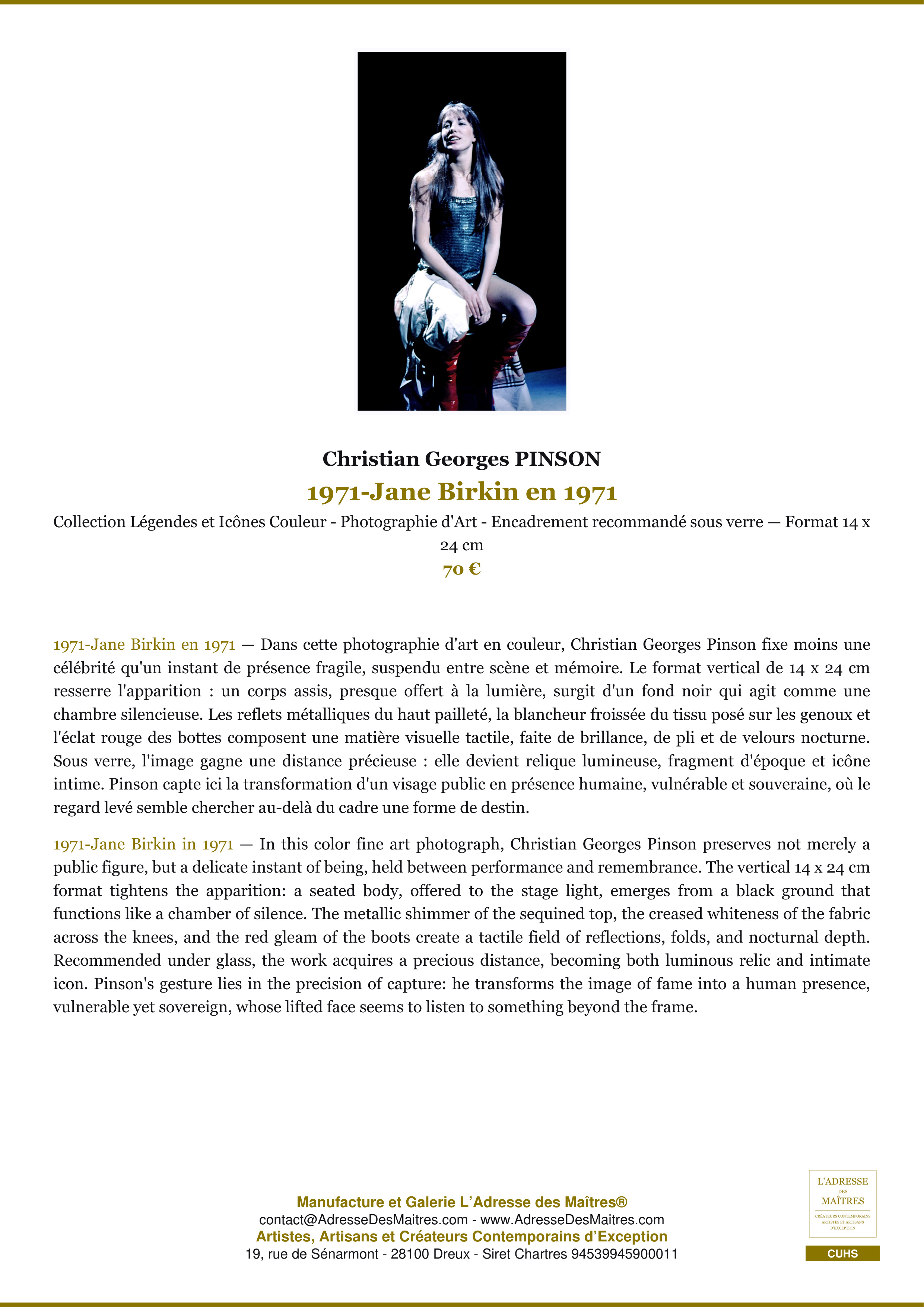 Fiche Premium — 1971-Jane Birkin en 1971 — Christian Georges PINSON — L'Adresse des Maîtres®