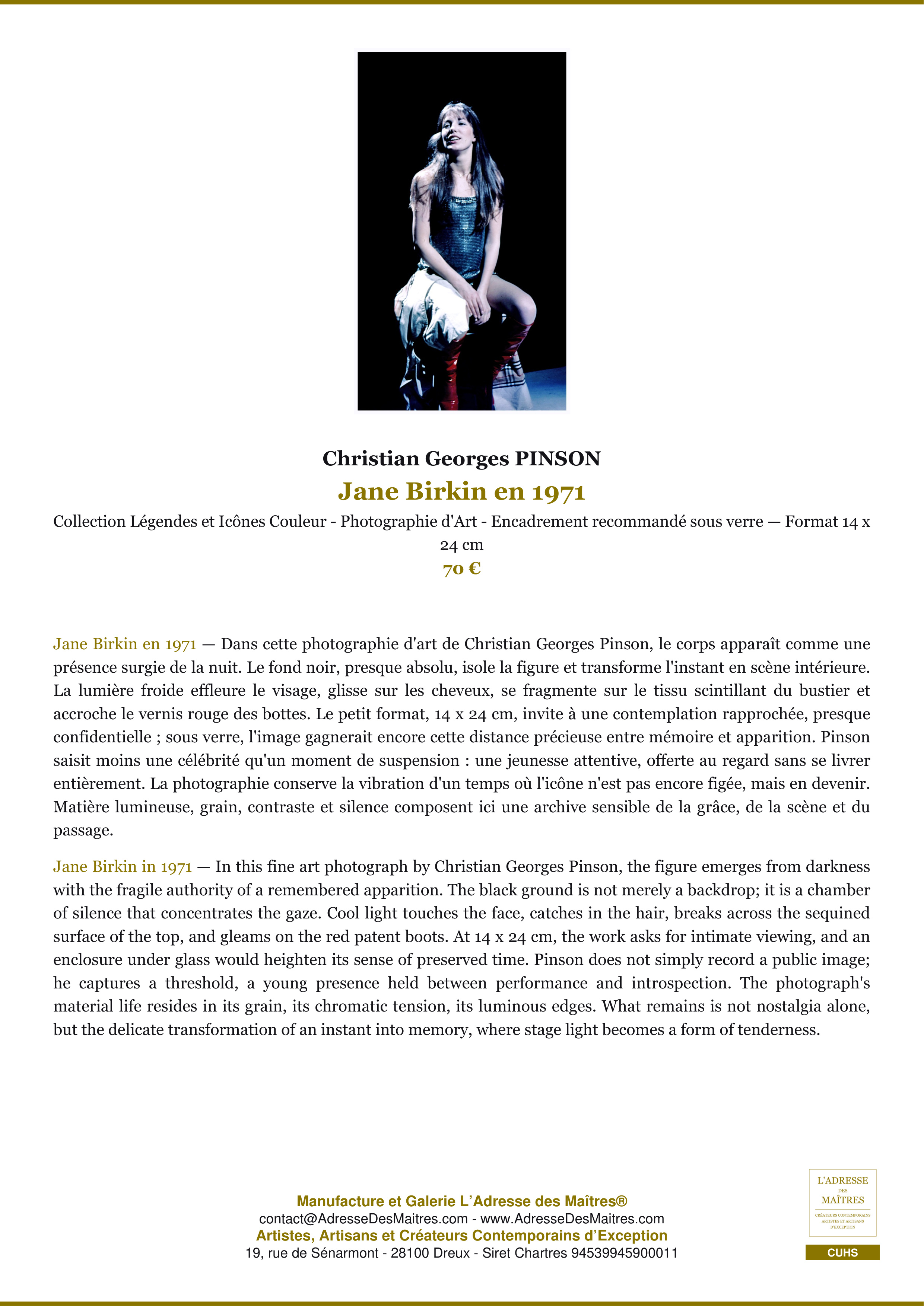 Fiche Premium — Jane Birkin en 1971 — Christian Georges PINSON — L'Adresse des Maîtres®