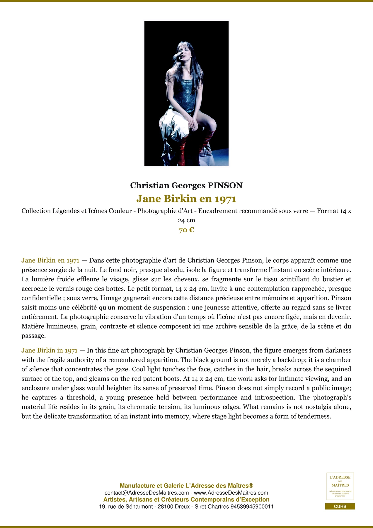 Fiche Premium - Jane Birkin en 1971 - Christian Georges PINSON - L'Adresse des Maîtres®