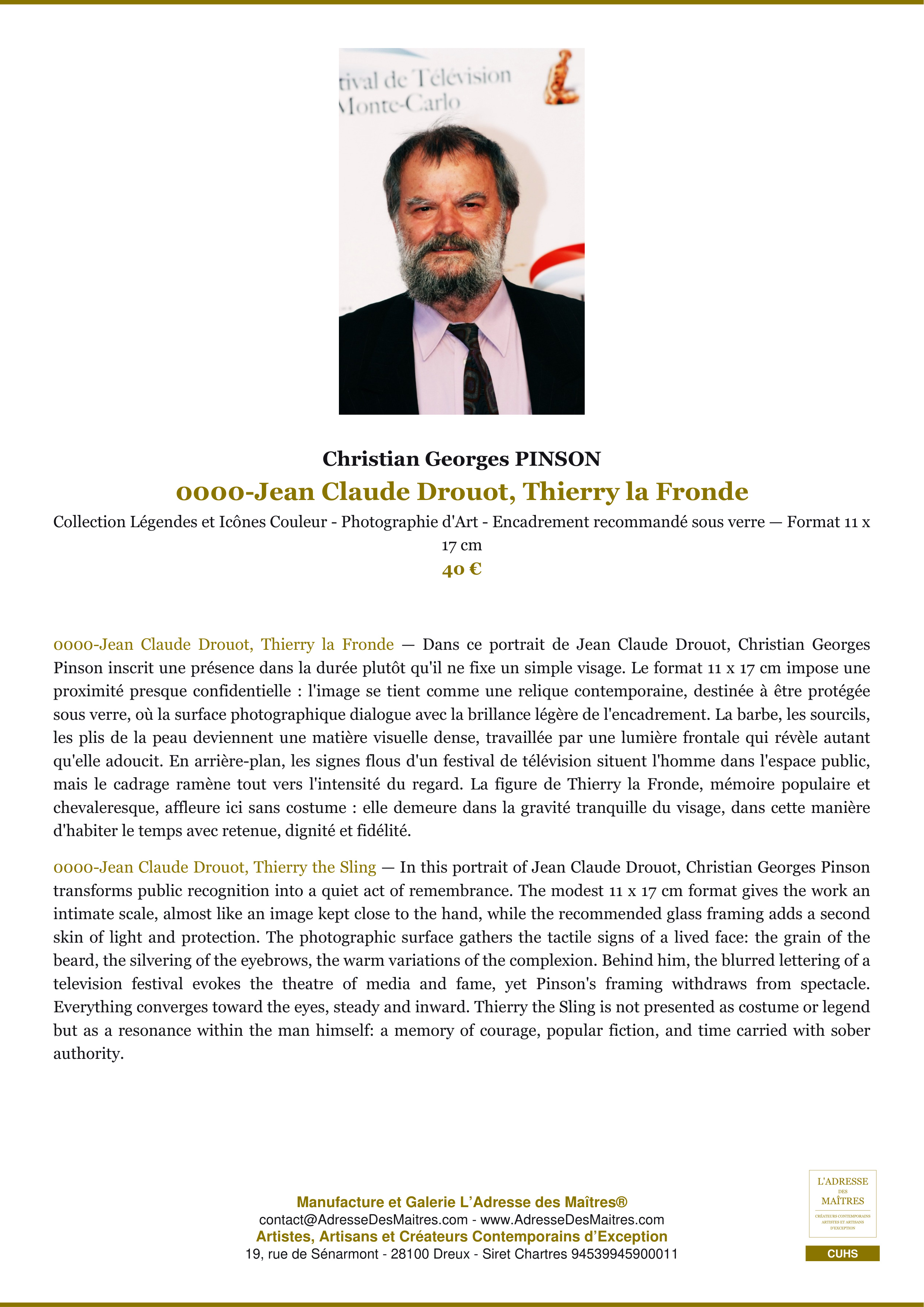 Fiche Premium — 0000-Jean Claude Drouot, Thierry la Fronde — Christian Georges PINSON — L'Adresse des Maîtres®