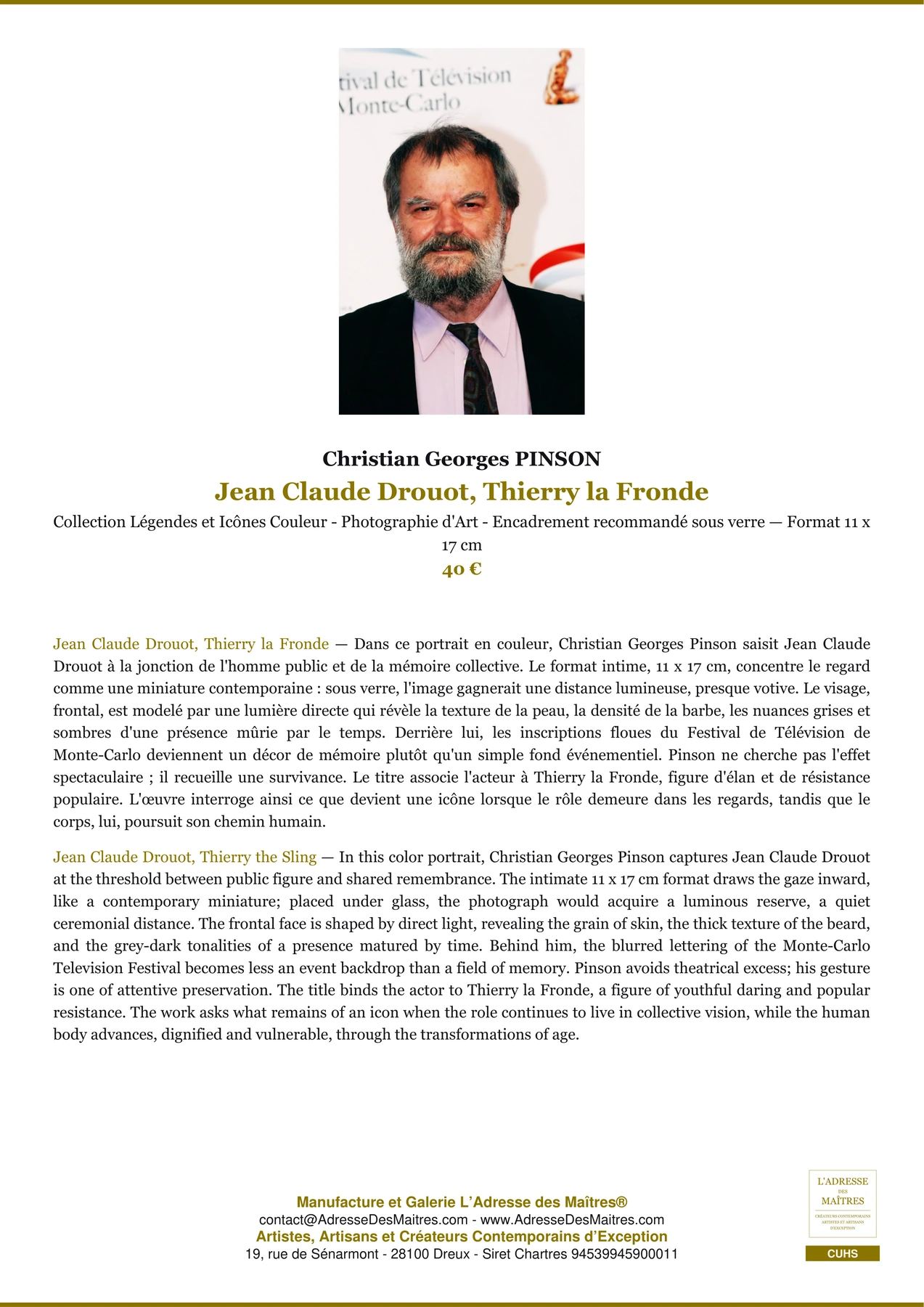 Fiche Premium - Jean Claude Drouot, Thierry la Fronde - Christian Georges PINSON - L'Adresse des Maîtres®