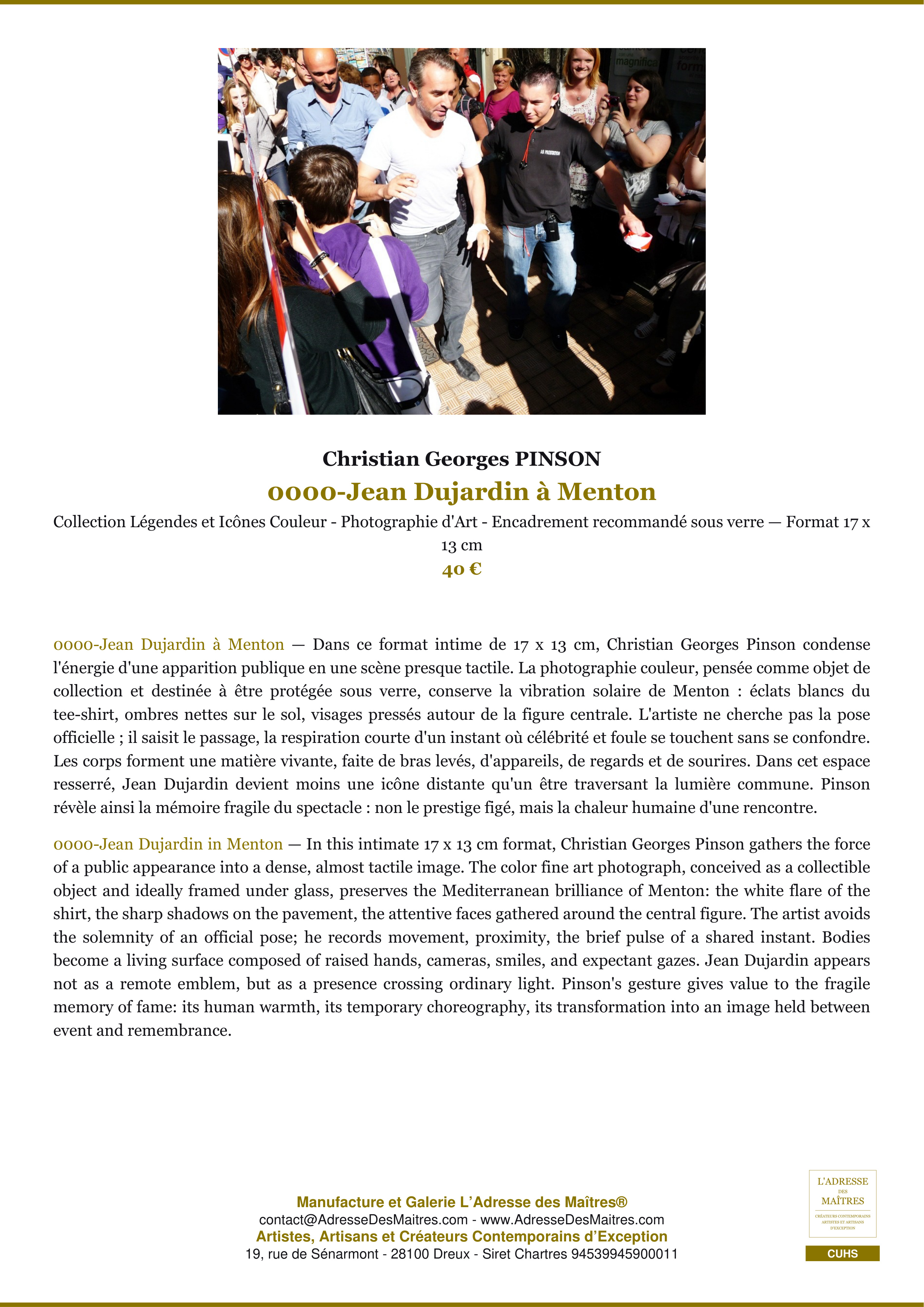 Fiche Premium — 0000-Jean Dujardin à Menton — Christian Georges PINSON — L'Adresse des Maîtres®