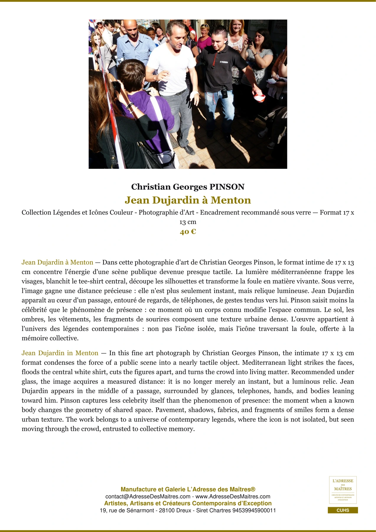 Fiche Premium - Jean Dujardin à Menton - Christian Georges PINSON - L'Adresse des Maîtres®