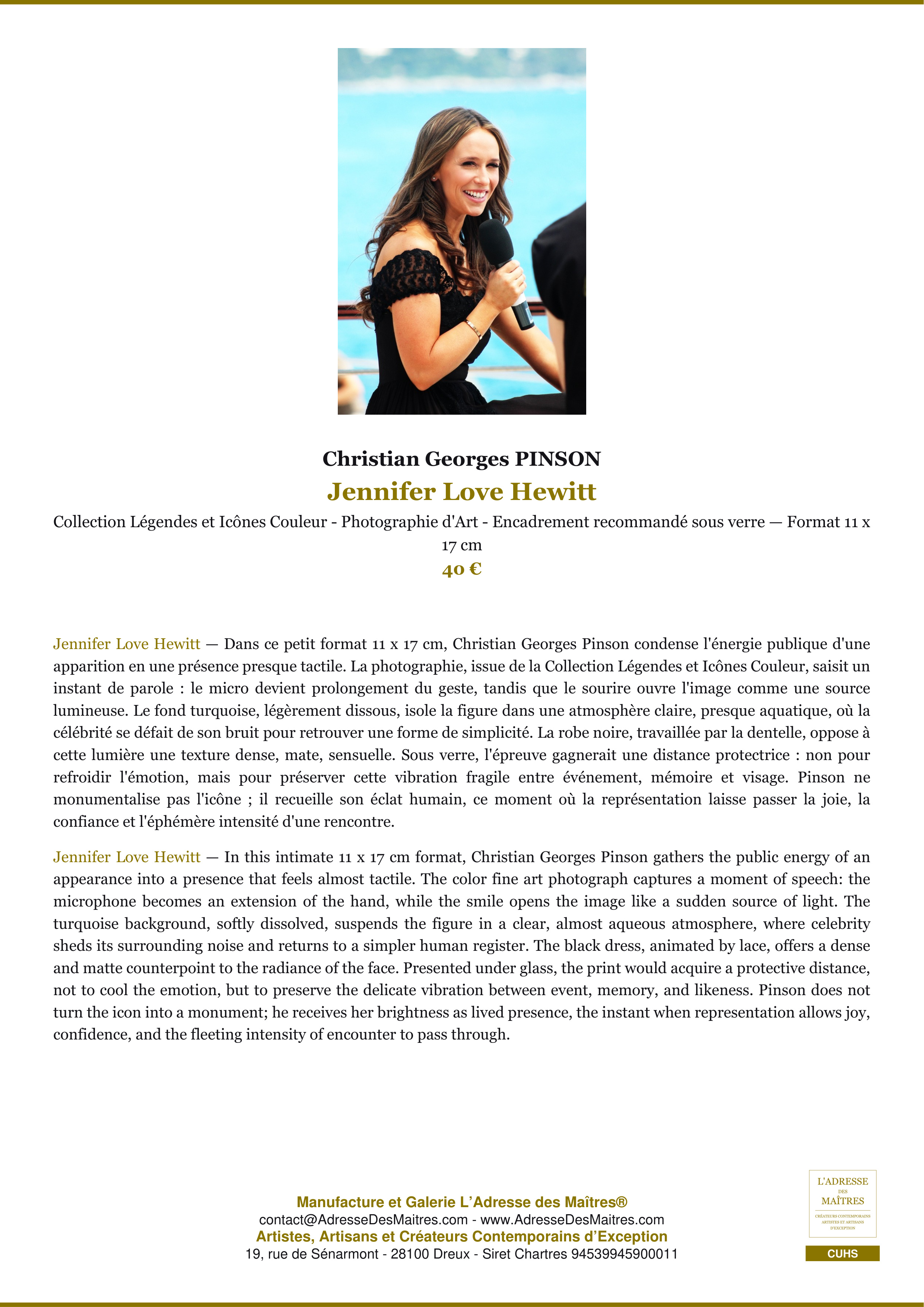 Fiche Premium — Jennifer Love Hewitt — Christian Georges PINSON — L'Adresse des Maîtres®
