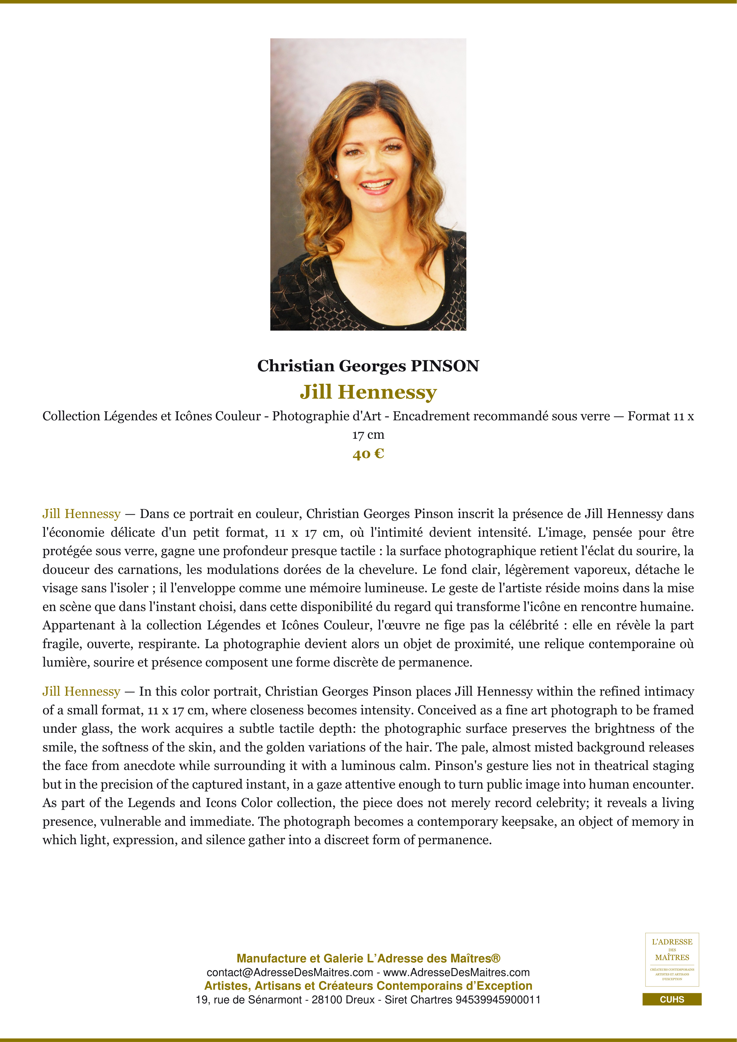 Fiche Premium — Jill Hennessy — Christian Georges PINSON — L'Adresse des Maîtres®
