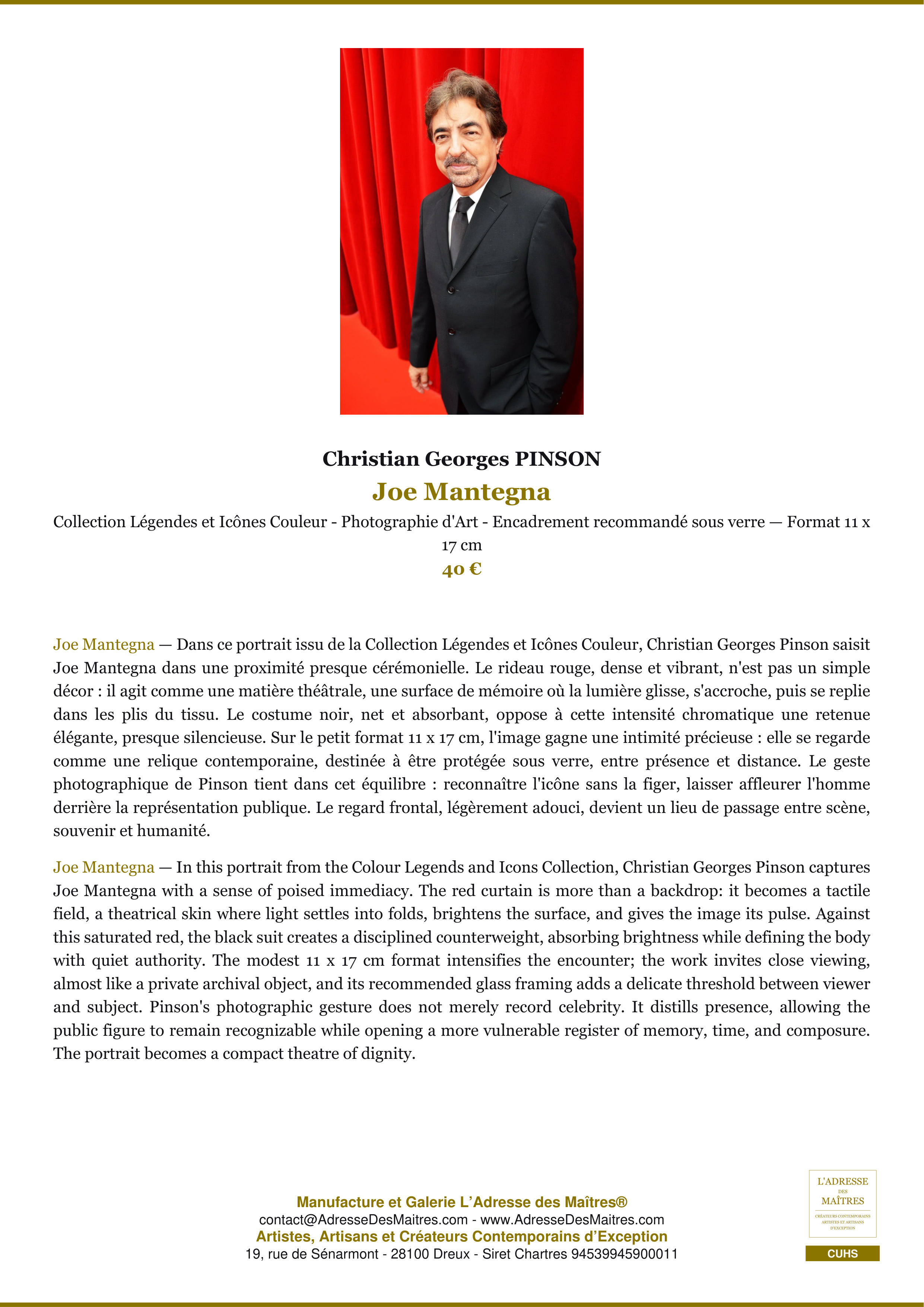 Fiche Premium — Joe Mantegna — Christian Georges PINSON — L'Adresse des Maîtres®