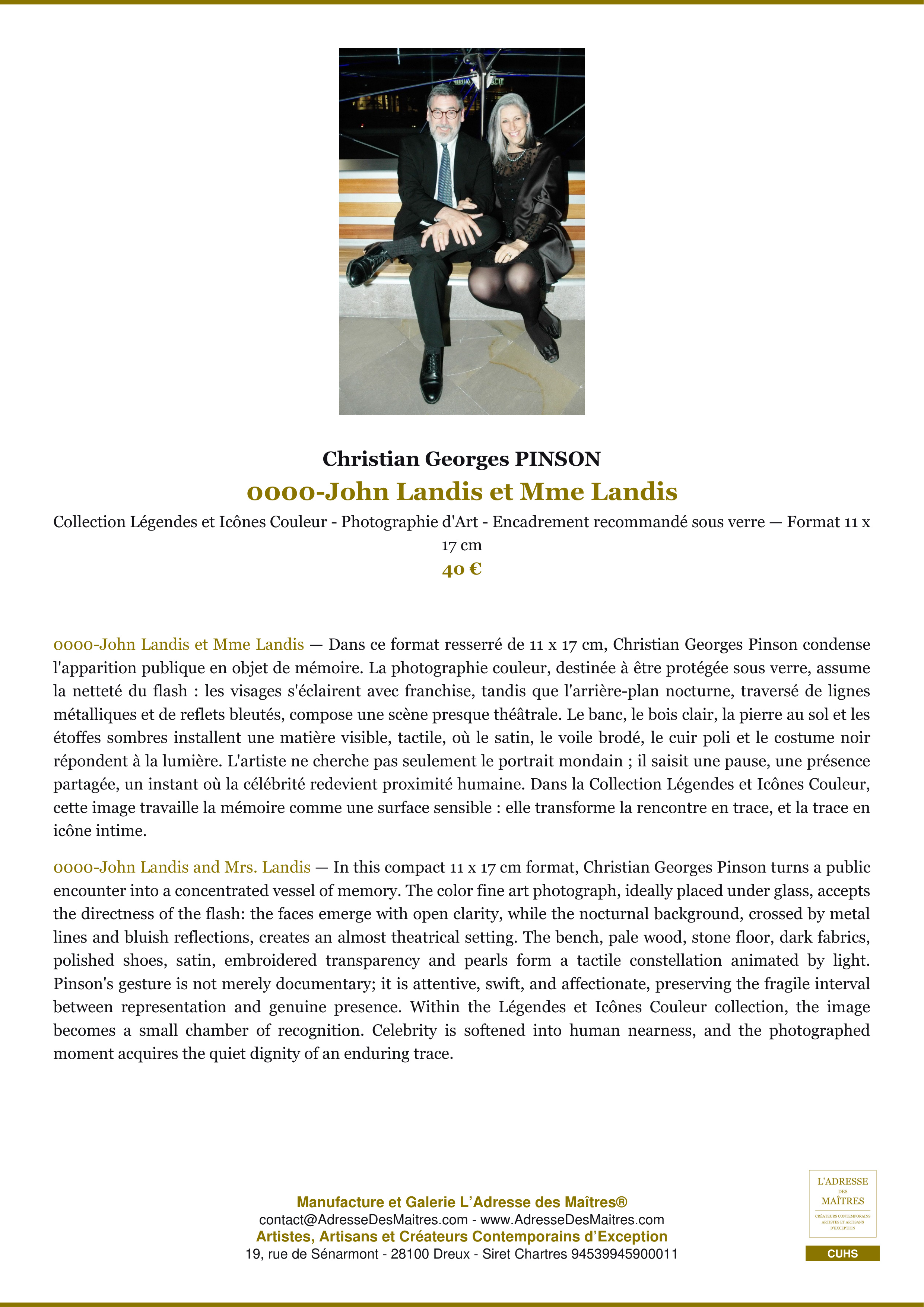 Fiche Premium — 0000-John Landis et Mme Landis — Christian Georges PINSON — L'Adresse des Maîtres®
