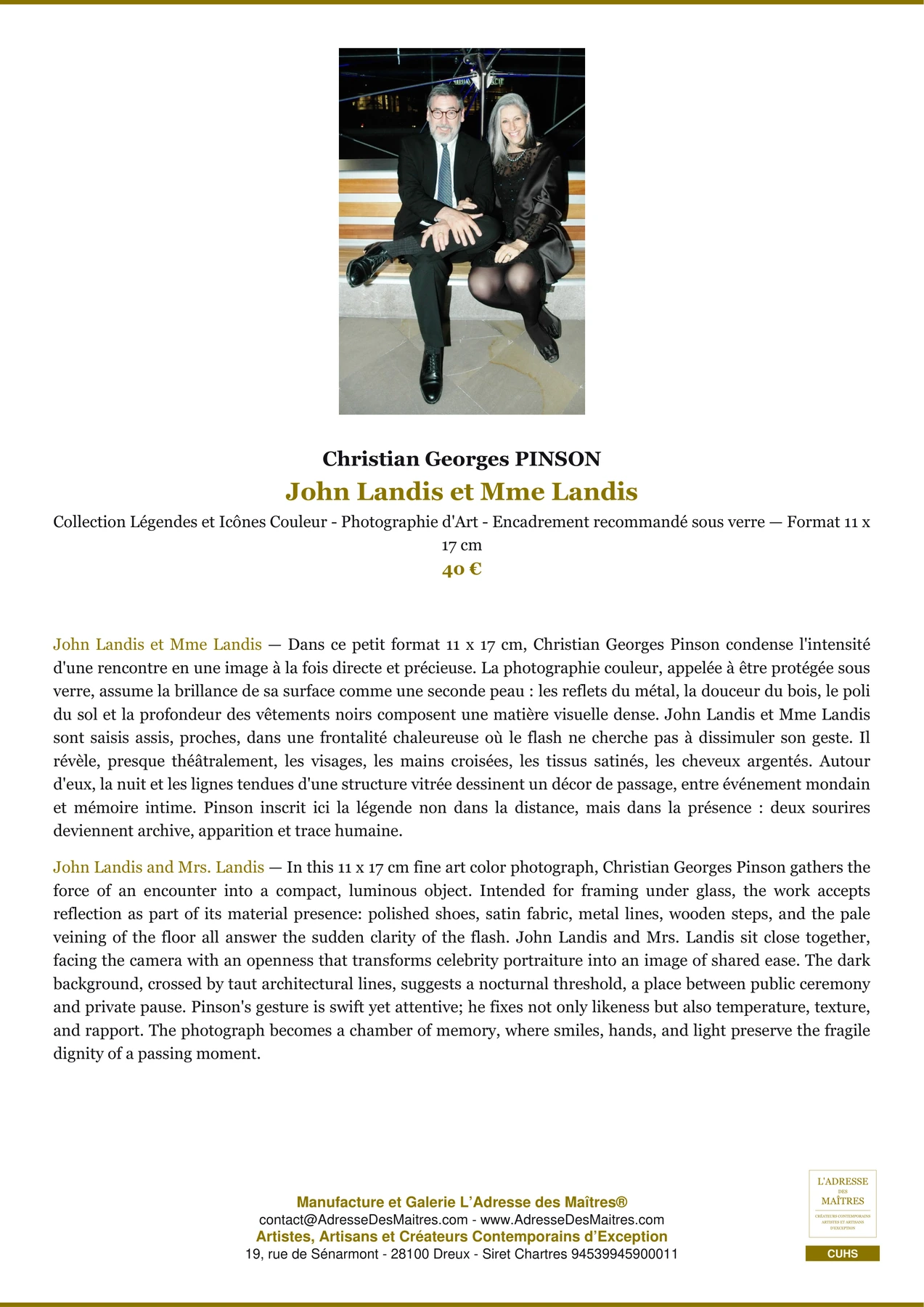 Fiche Premium - John Landis et Mme Landis - Christian Georges PINSON - L'Adresse des Maîtres®