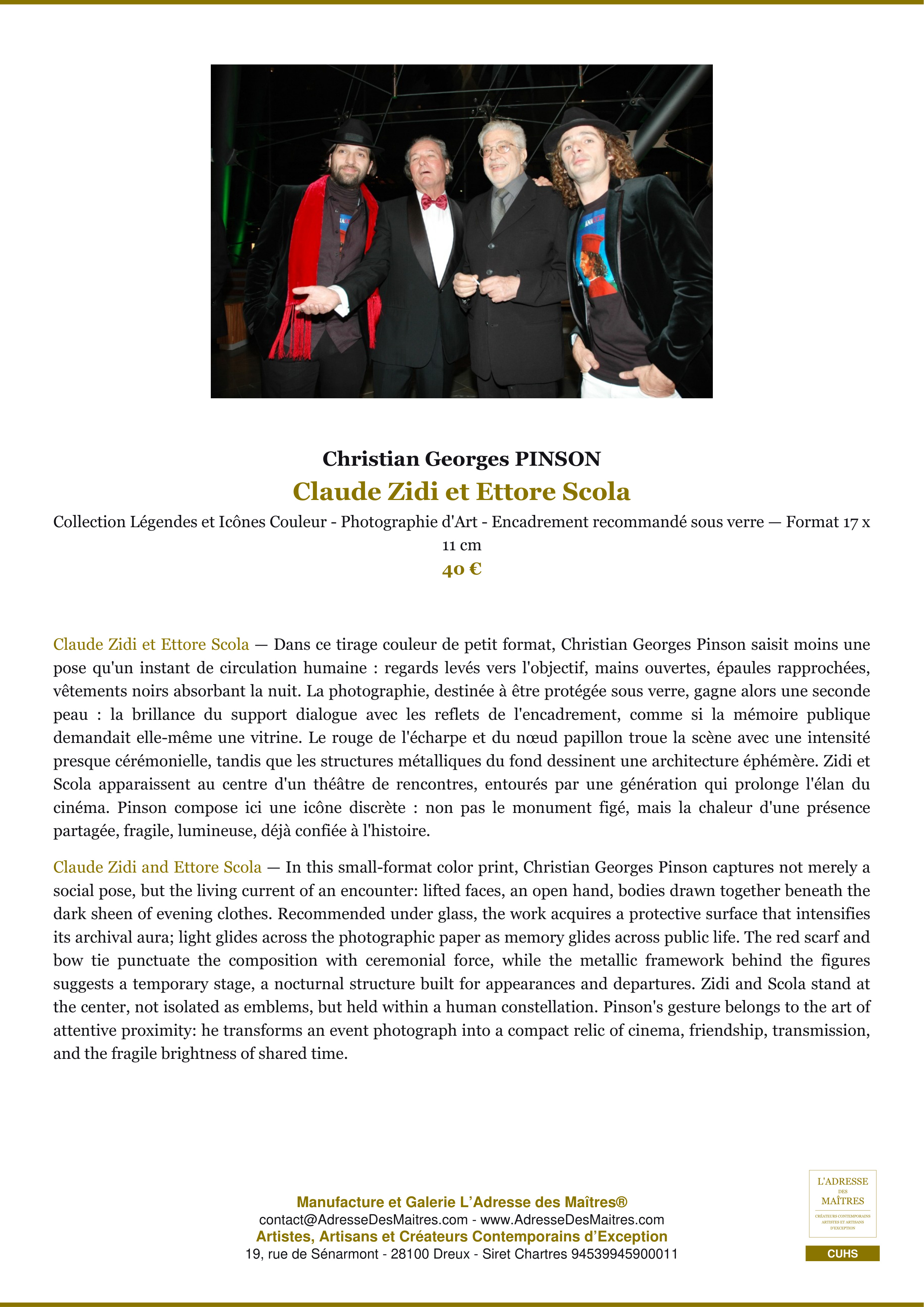 Fiche Premium — Claude Zidi et Ettore Scola — Christian Georges PINSON — L'Adresse des Maîtres®