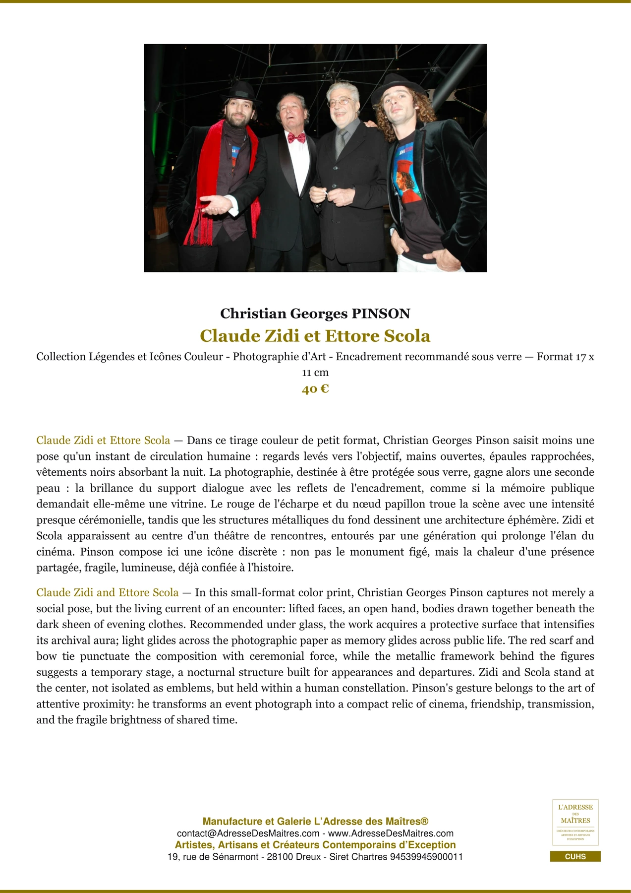 Fiche Premium - Claude Zidi et Ettore Scola - Christian Georges PINSON - L'Adresse des Maîtres®