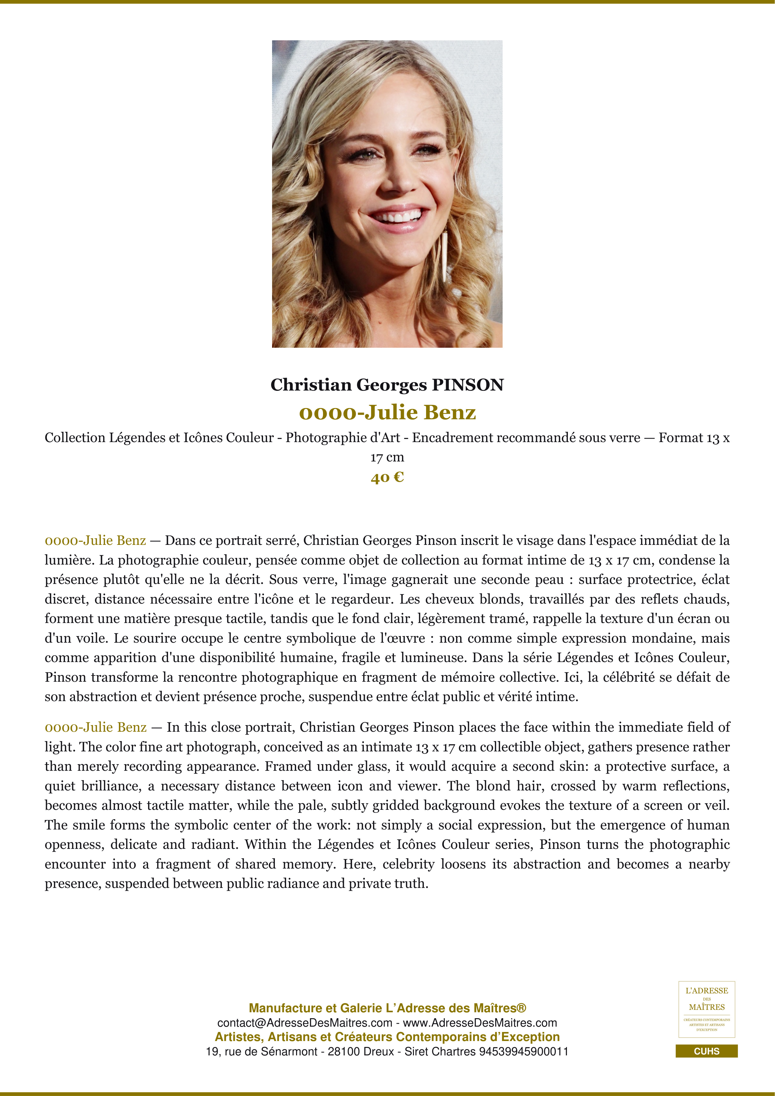 Fiche Premium — 0000-Julie Benz — Christian Georges PINSON — L'Adresse des Maîtres®