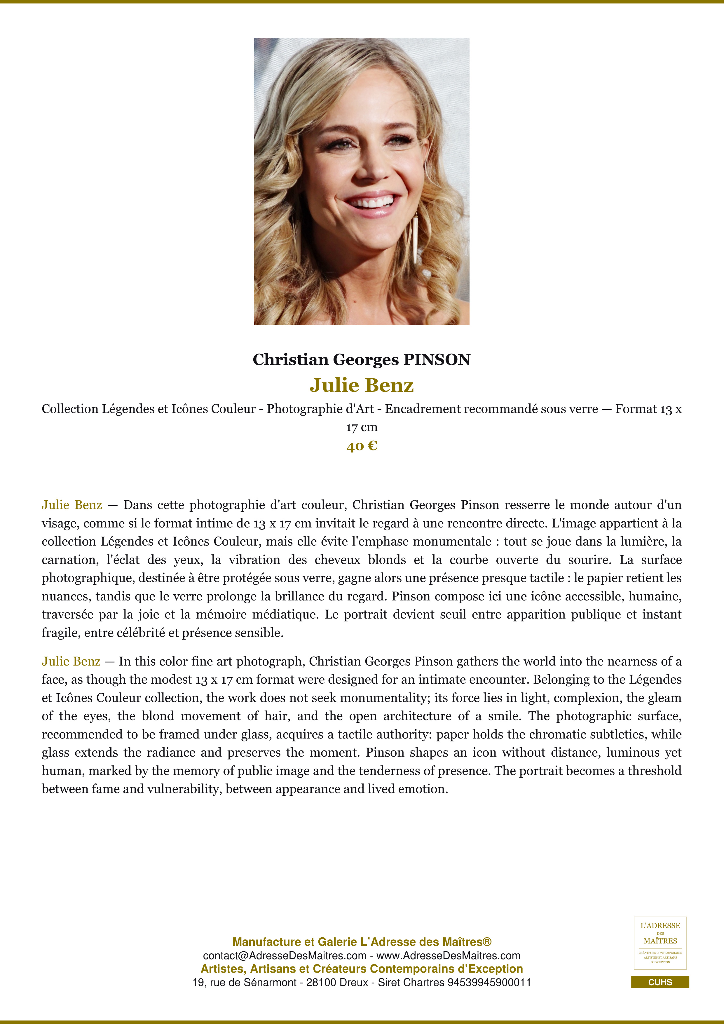 Fiche Premium — Julie Benz — Christian Georges PINSON — L'Adresse des Maîtres®