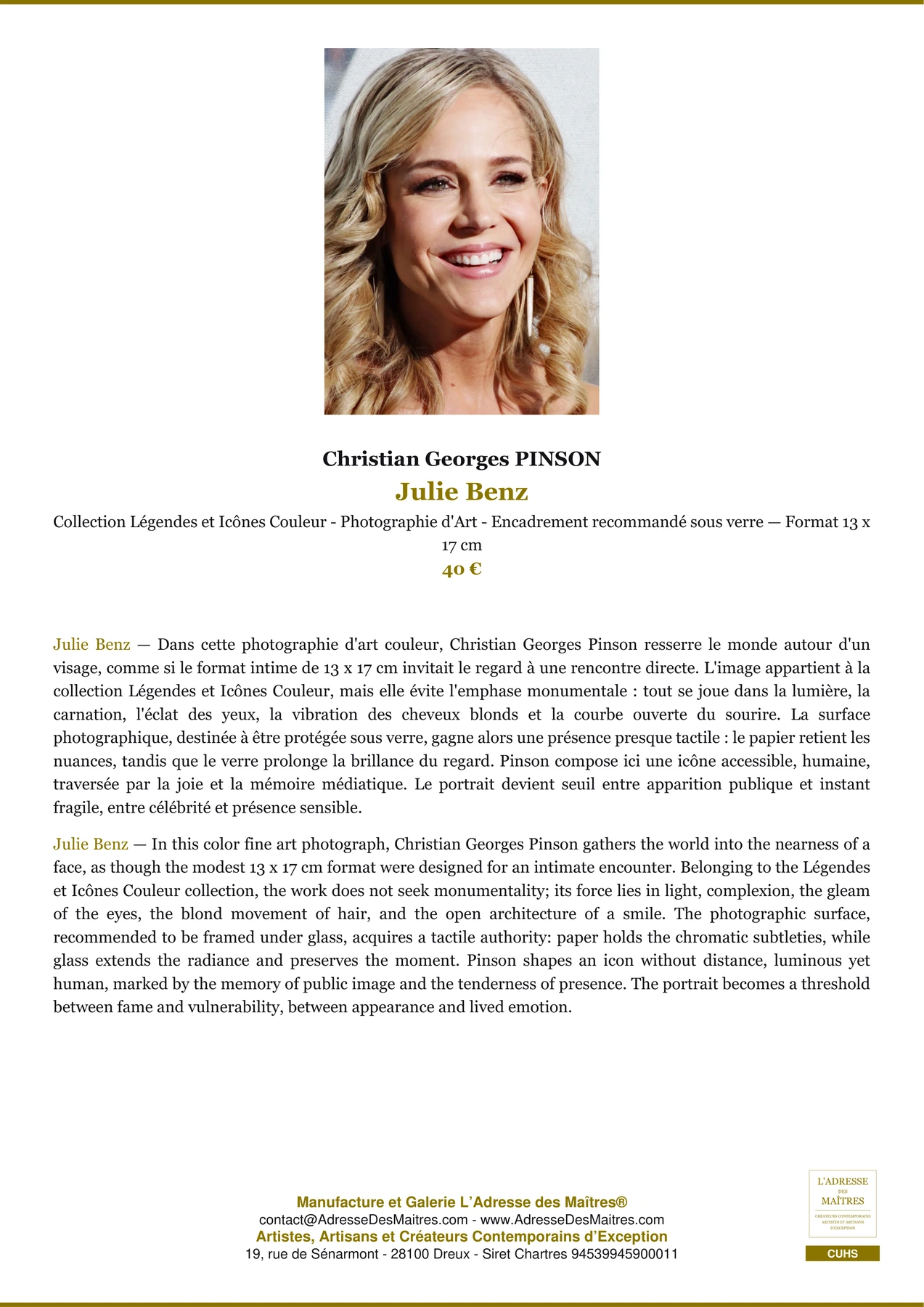 Fiche Premium - Julie Benz - Christian Georges PINSON - L'Adresse des Maîtres®