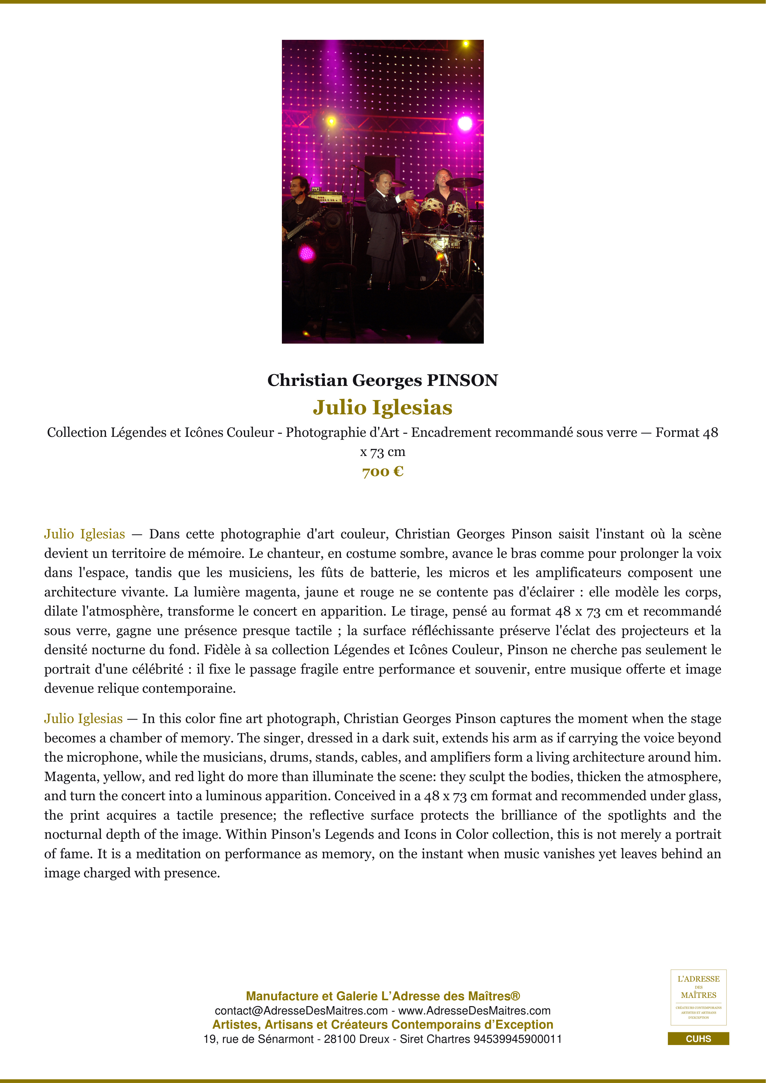 Fiche Premium — Julio Iglesias — Christian Georges PINSON — L'Adresse des Maîtres®
