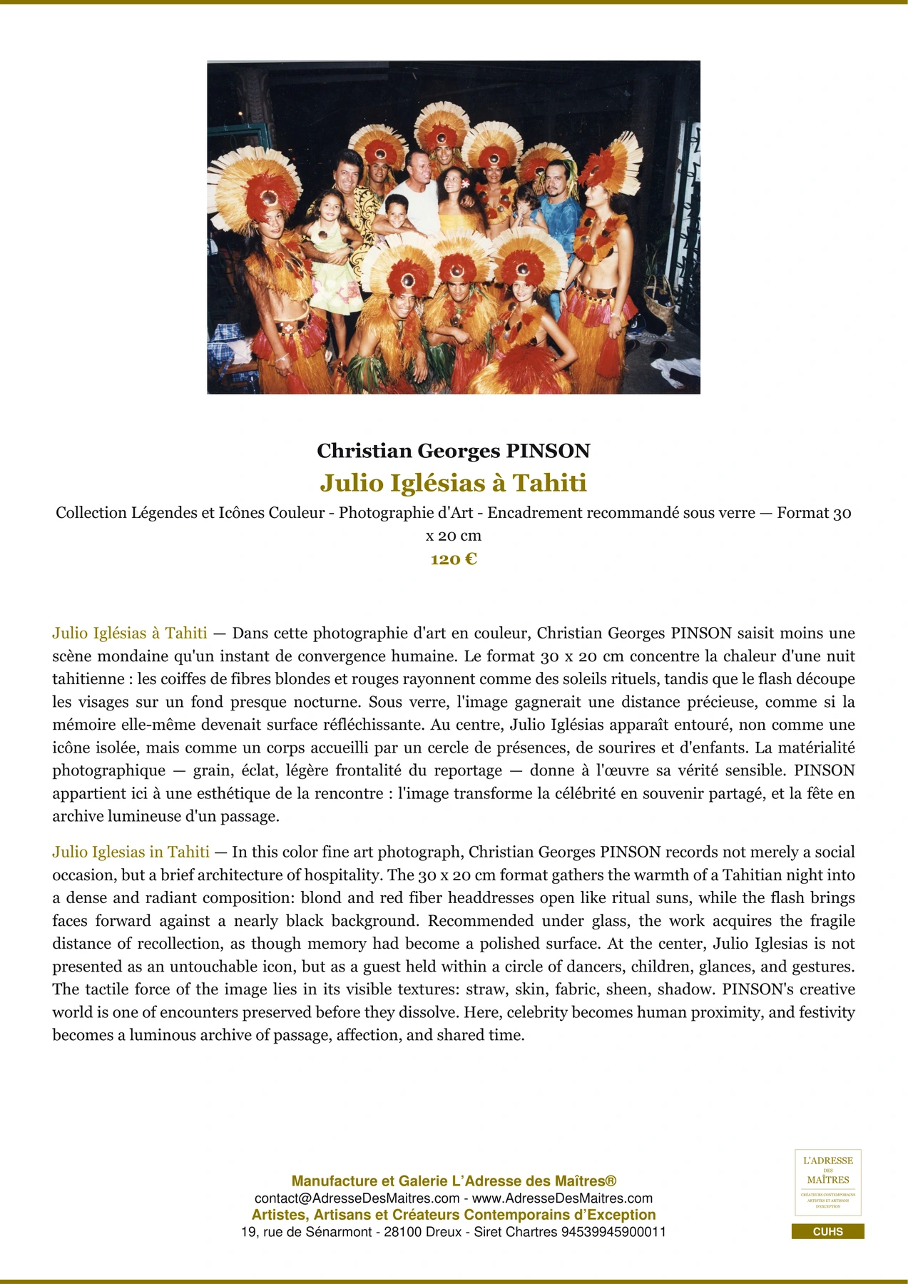 Fiche Premium - Julio Iglésias à Tahiti - Christian Georges PINSON - L'Adresse des Maîtres®