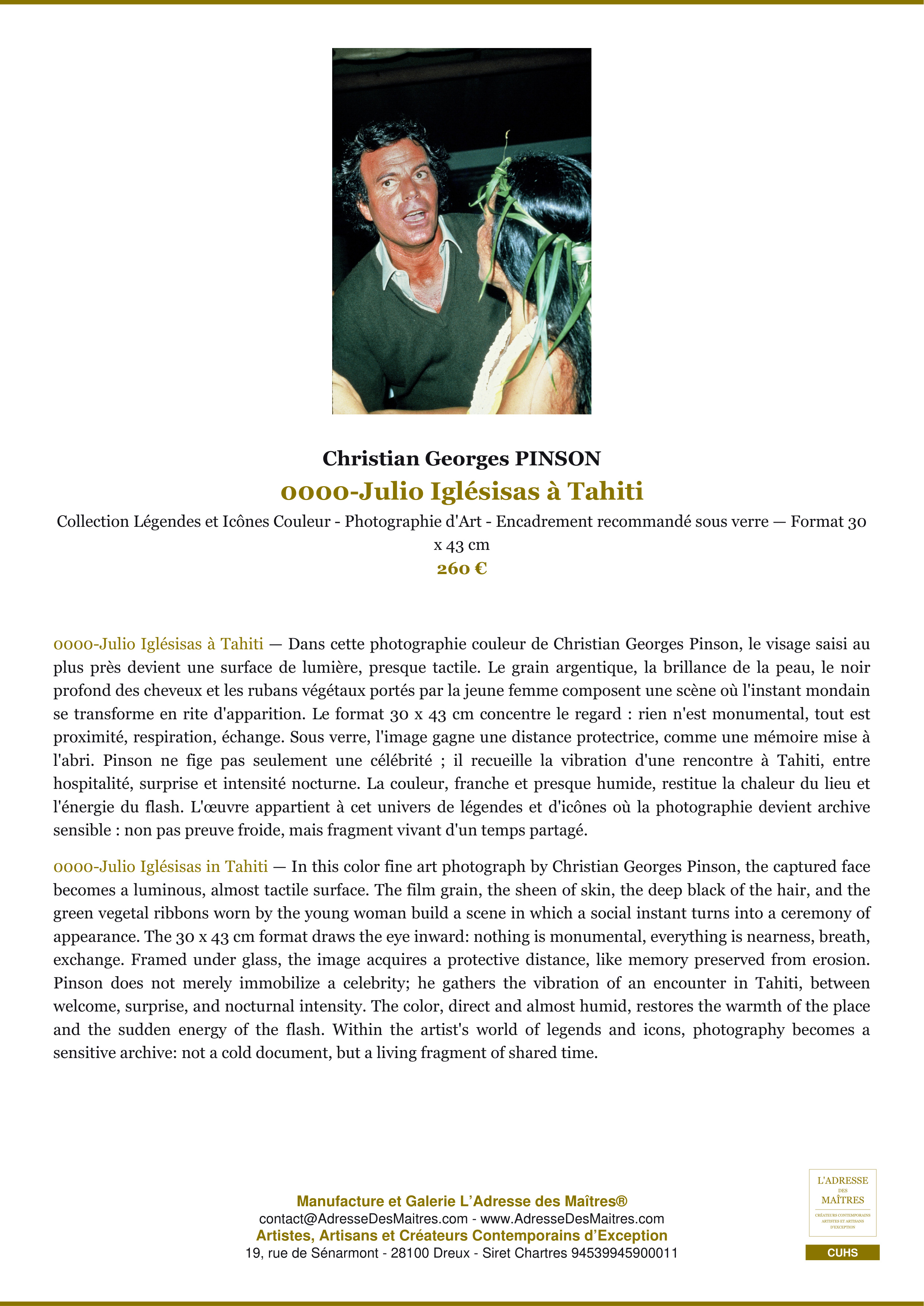 Fiche Premium — 0000-Julio Iglésisas à Tahiti — Christian Georges PINSON — L'Adresse des Maîtres®