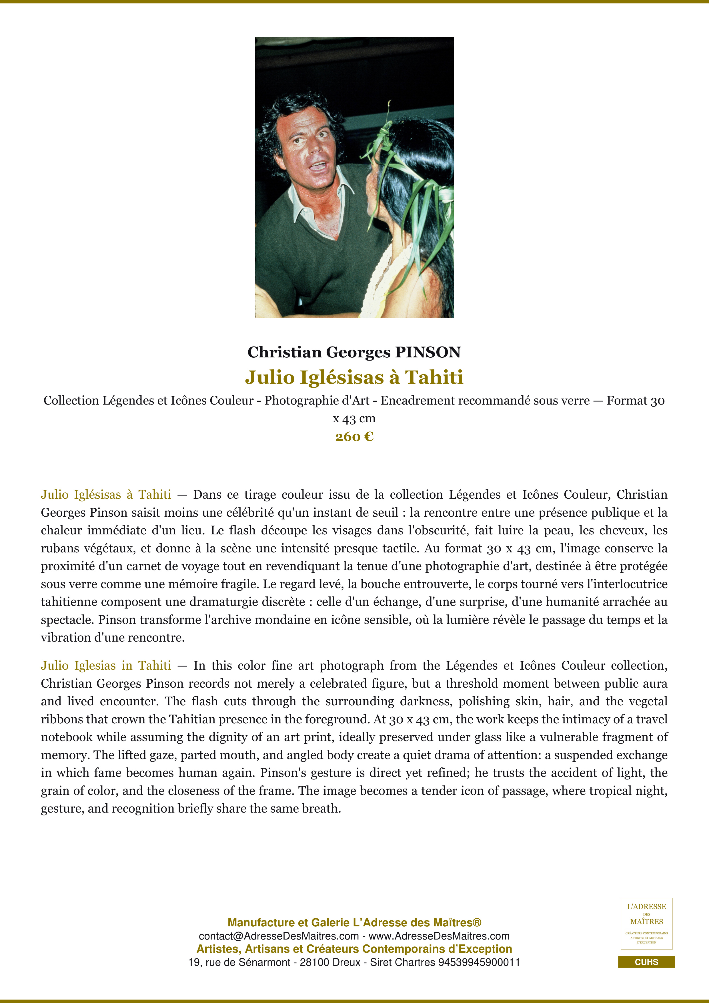 Fiche Premium — Julio Iglésisas à Tahiti — Christian Georges PINSON — L'Adresse des Maîtres®