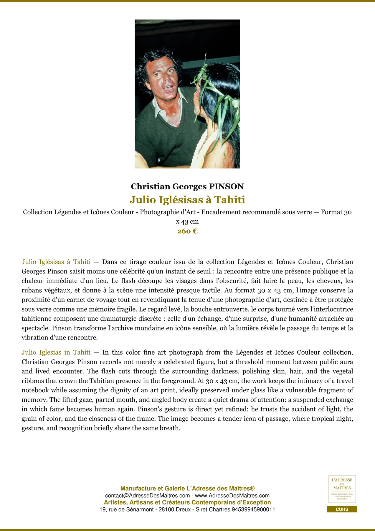 Fiche Premium - Julio Iglésisas à Tahiti - Christian Georges PINSON - L'Adresse des Maîtres®