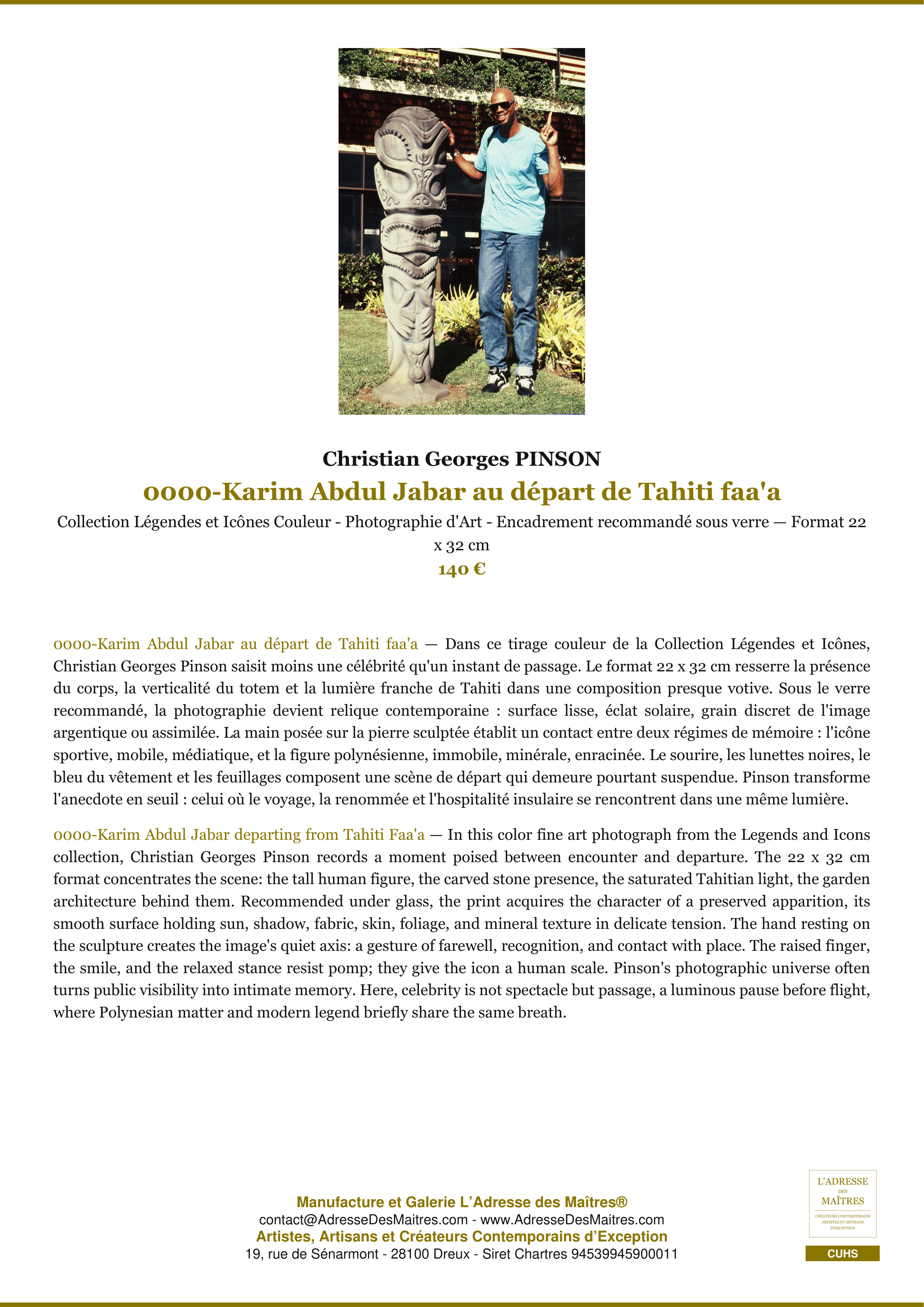 Fiche Premium — 0000-Karim Abdul Jabar au départ de Tahiti faa'a — Christian Georges PINSON — L'Adresse des Maîtres®
