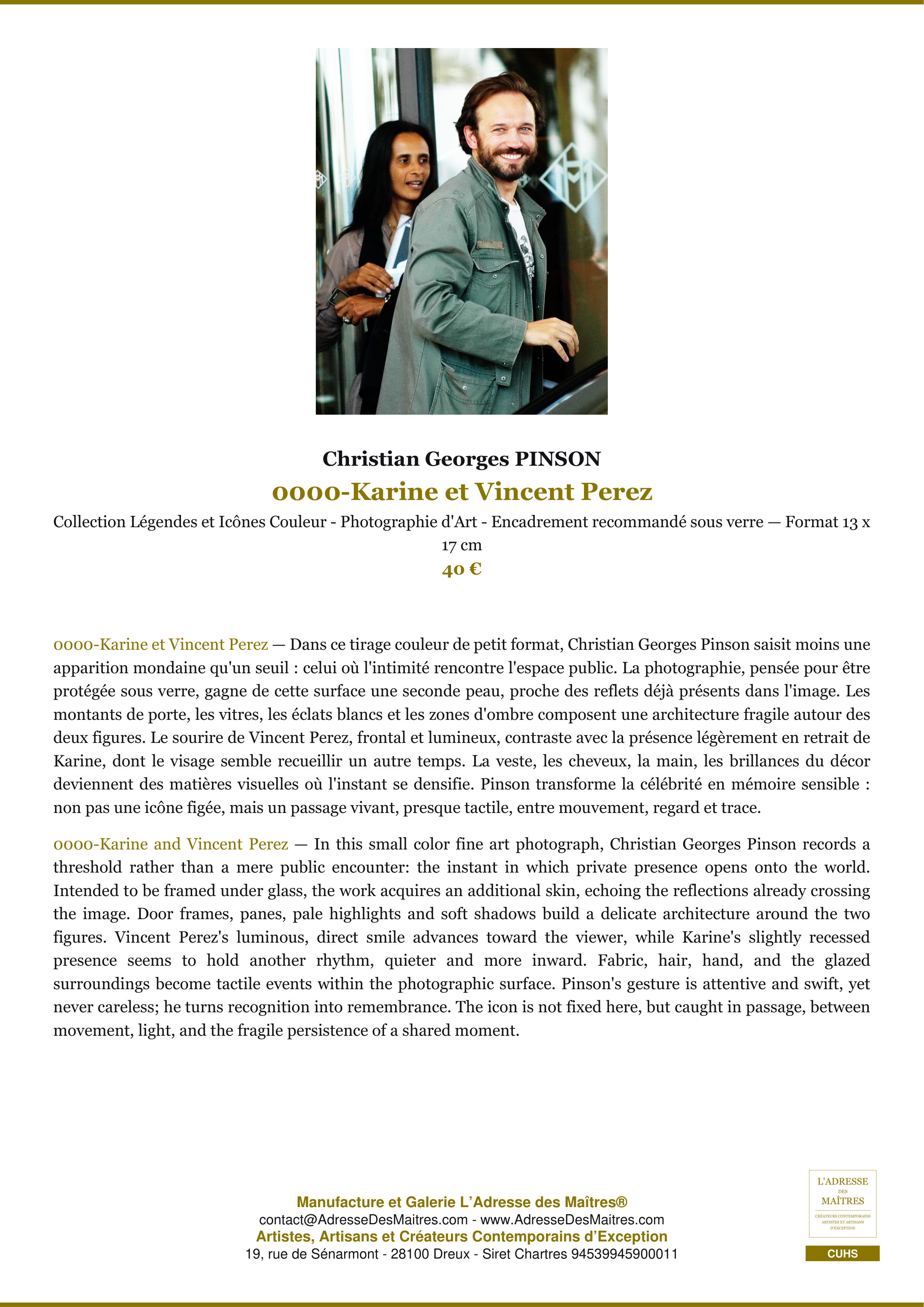 Fiche Premium — 0000-Karine et Vincent Perez — Christian Georges PINSON — L'Adresse des Maîtres®