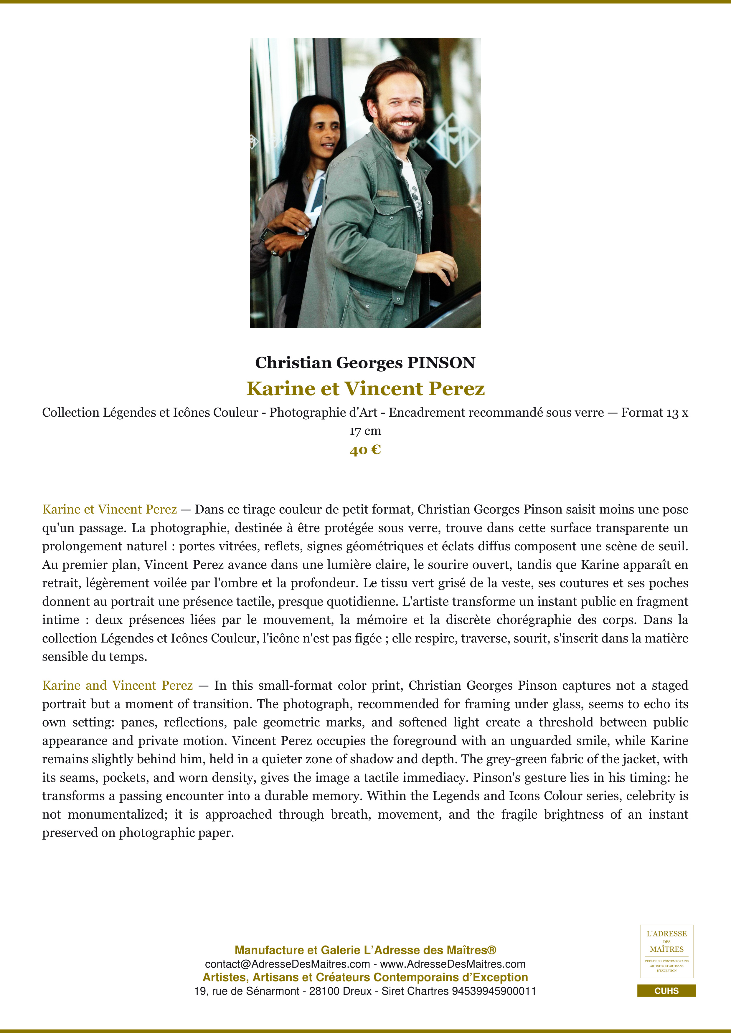 Fiche Premium — Karine et Vincent Perez — Christian Georges PINSON — L'Adresse des Maîtres®