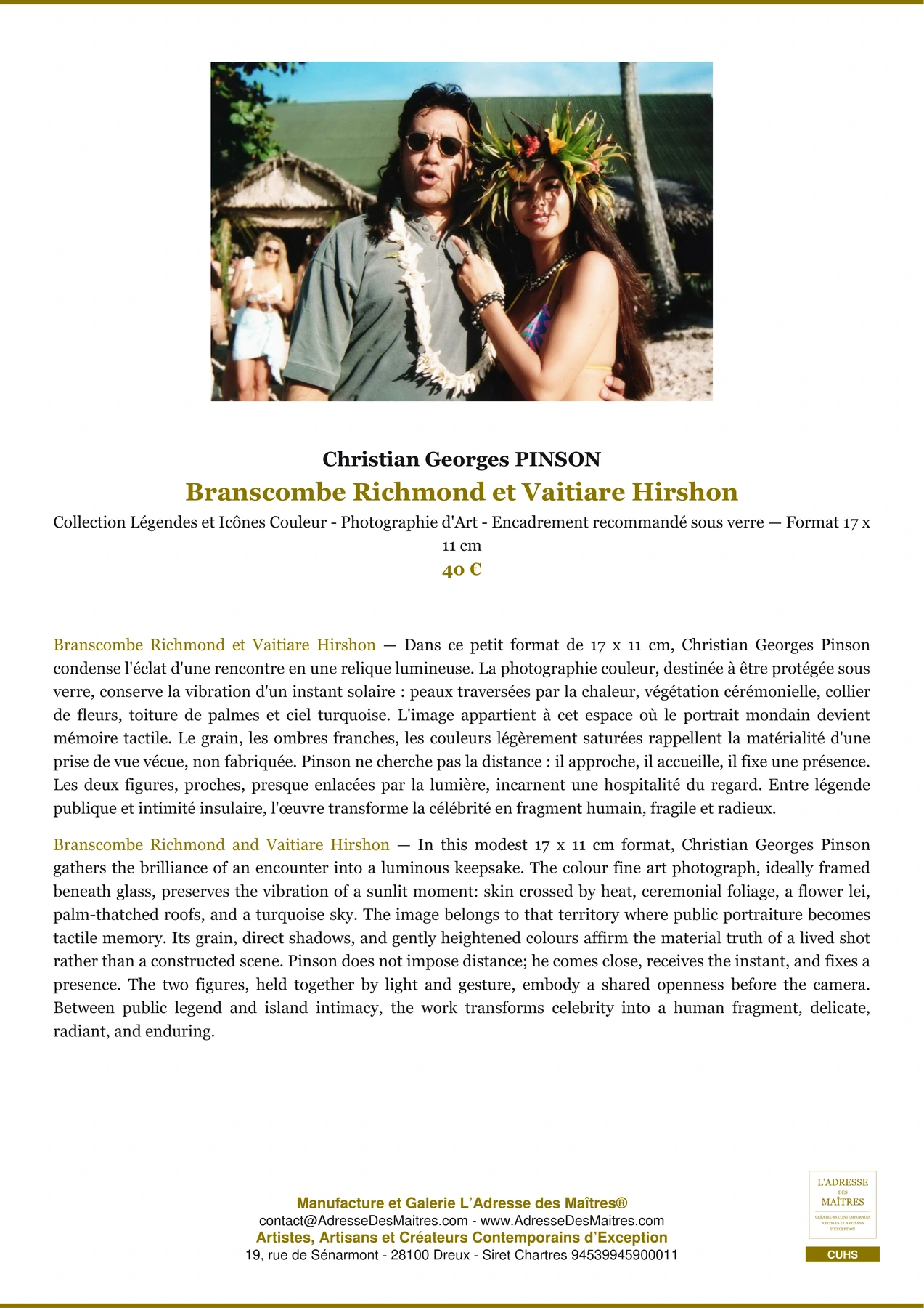 Fiche Premium - Branscombe Richmond et Vaitiare Hirshon - Christian Georges PINSON - L'Adresse des Maîtres®