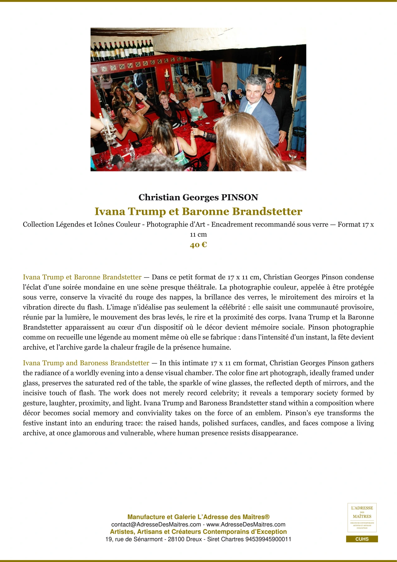 Fiche Premium - Ivana Trump et Baronne Brandstetter - Christian Georges PINSON - L'Adresse des Maîtres®