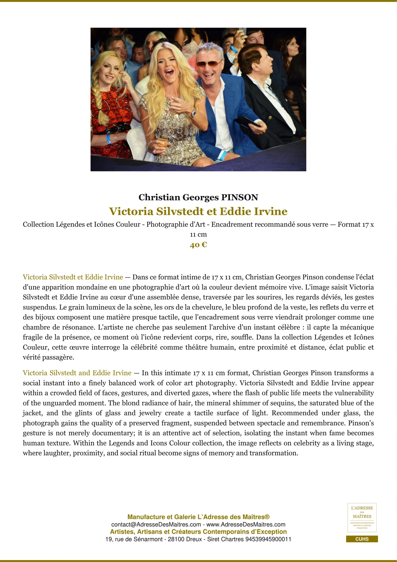 Fiche Premium - Victoria Silvstedt et Eddie Irvine - Christian Georges PINSON - L'Adresse des Maîtres®