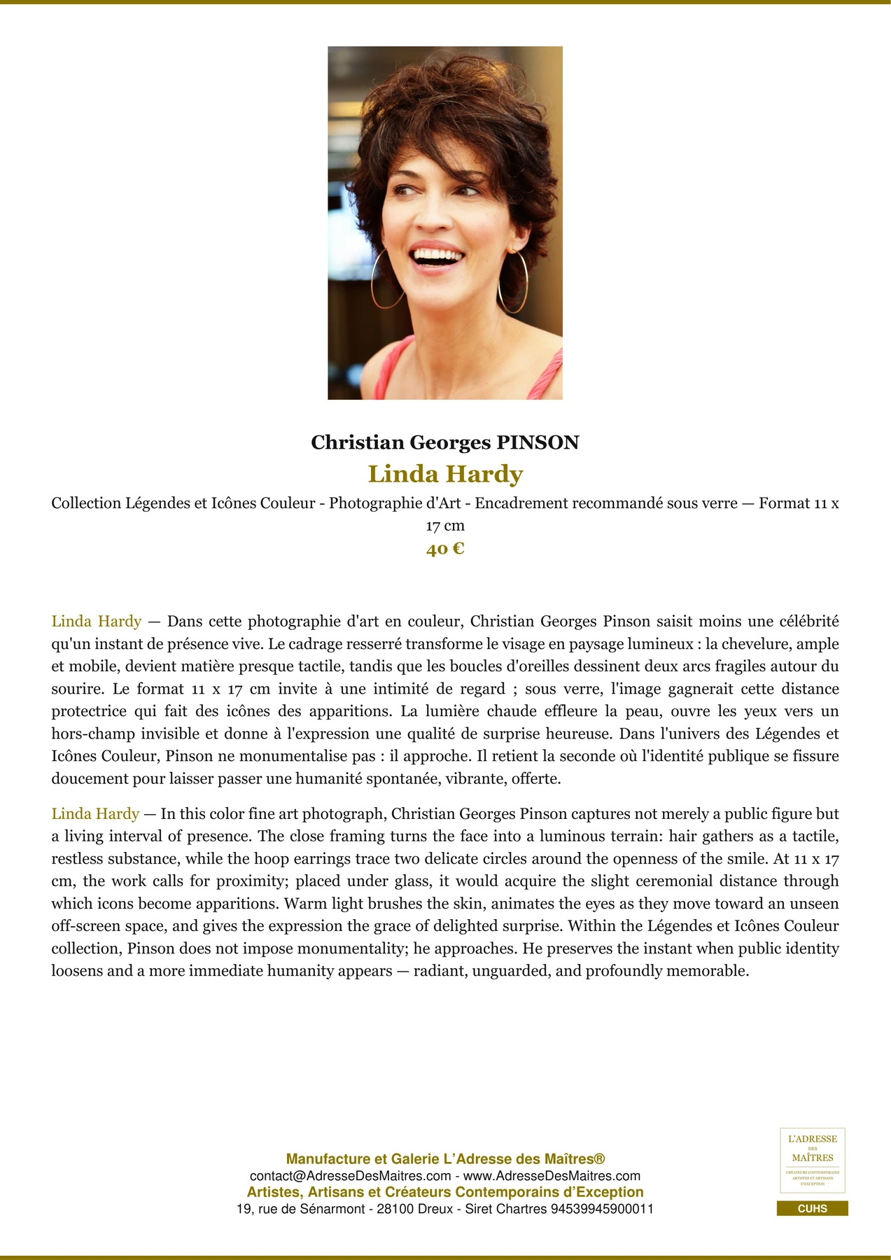 Fiche Premium - Linda Hardy - Christian Georges PINSON - L'Adresse des Maîtres®