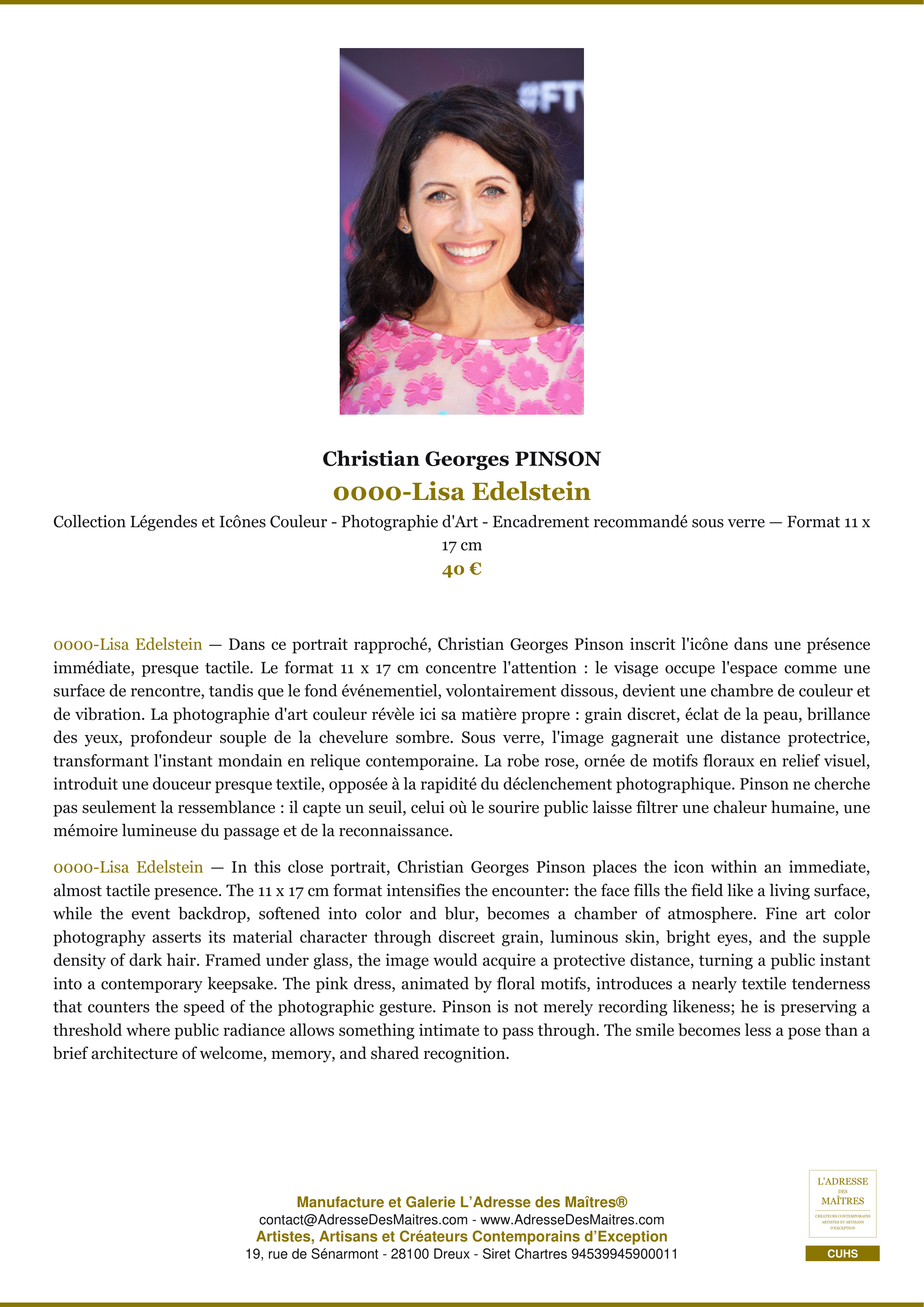 Fiche Premium — 0000-Lisa Edelstein — Christian Georges PINSON — L'Adresse des Maîtres®